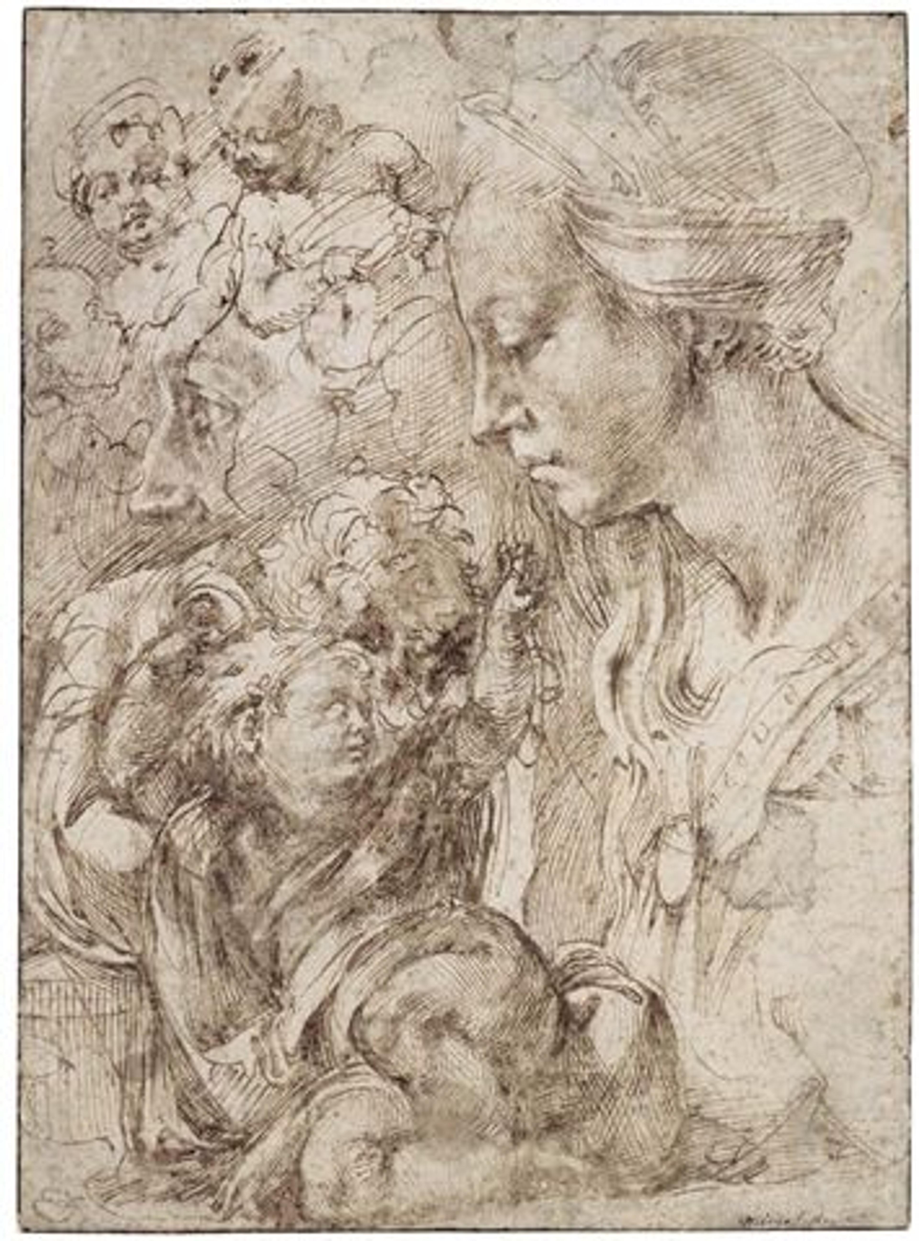 Michelangelo's sketches of the Virgin, the Christ Child reclining on a cushion, and other sketches of infants