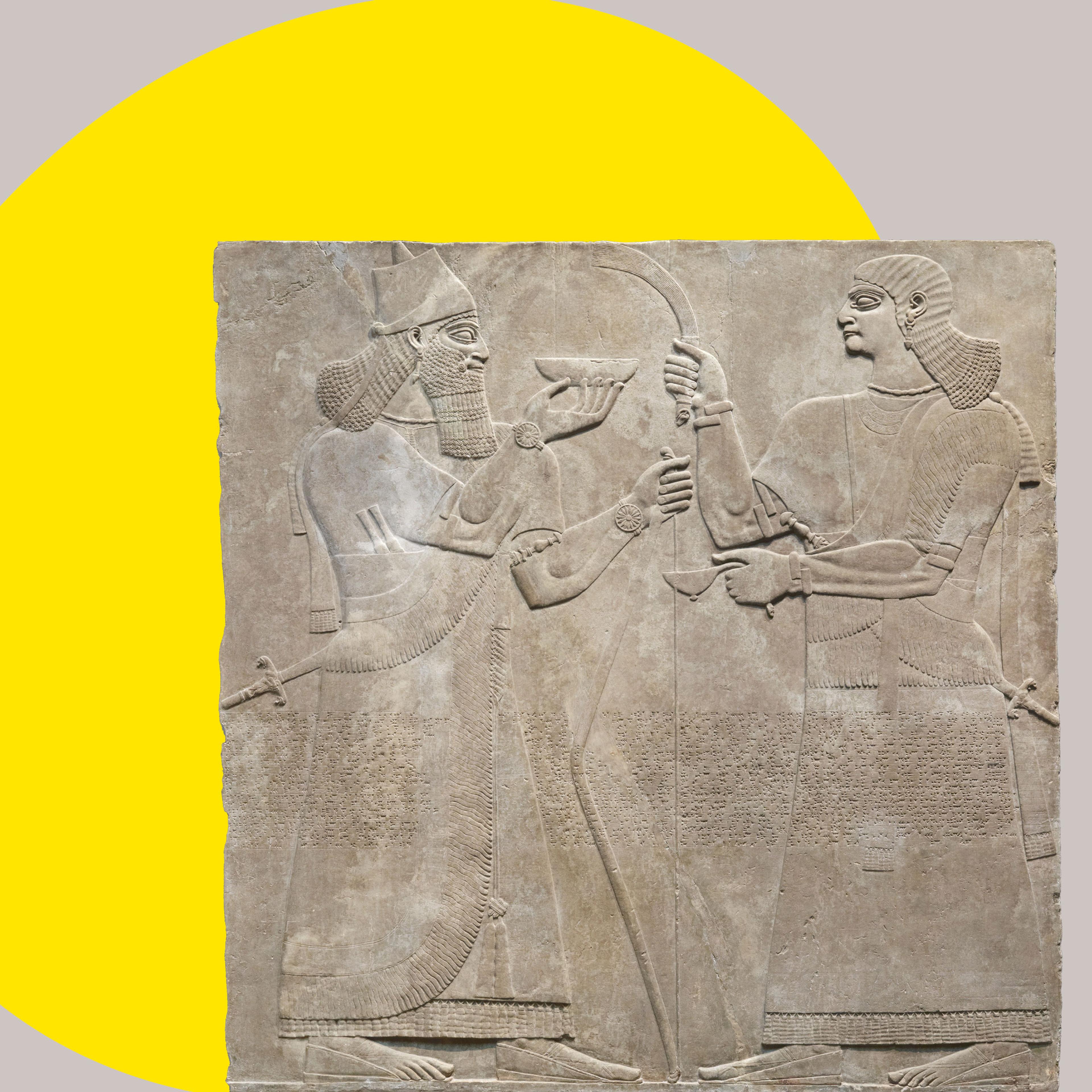 Assyrian relief panel showing a king holding a bowl, and his attendant at right. A bright yellow ovular shape spotlights the background of the relief.