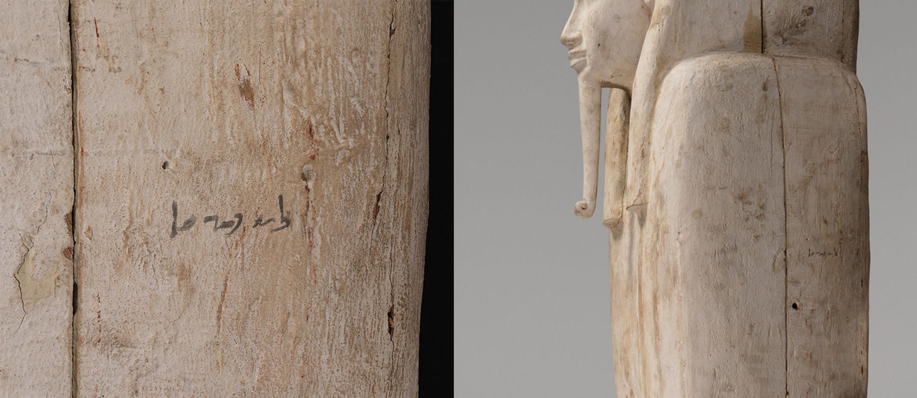 On the right a view of the shoulder and head of an anthropoid coffin painted white, with an inscription in black; on the left, a close-up of the inscription