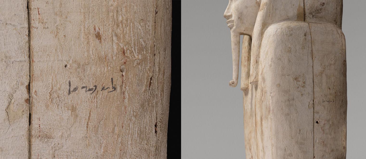 On the right a view of the shoulder and head of an anthropoid coffin painted white, with an inscription in black; on the left, a close-up of the inscription