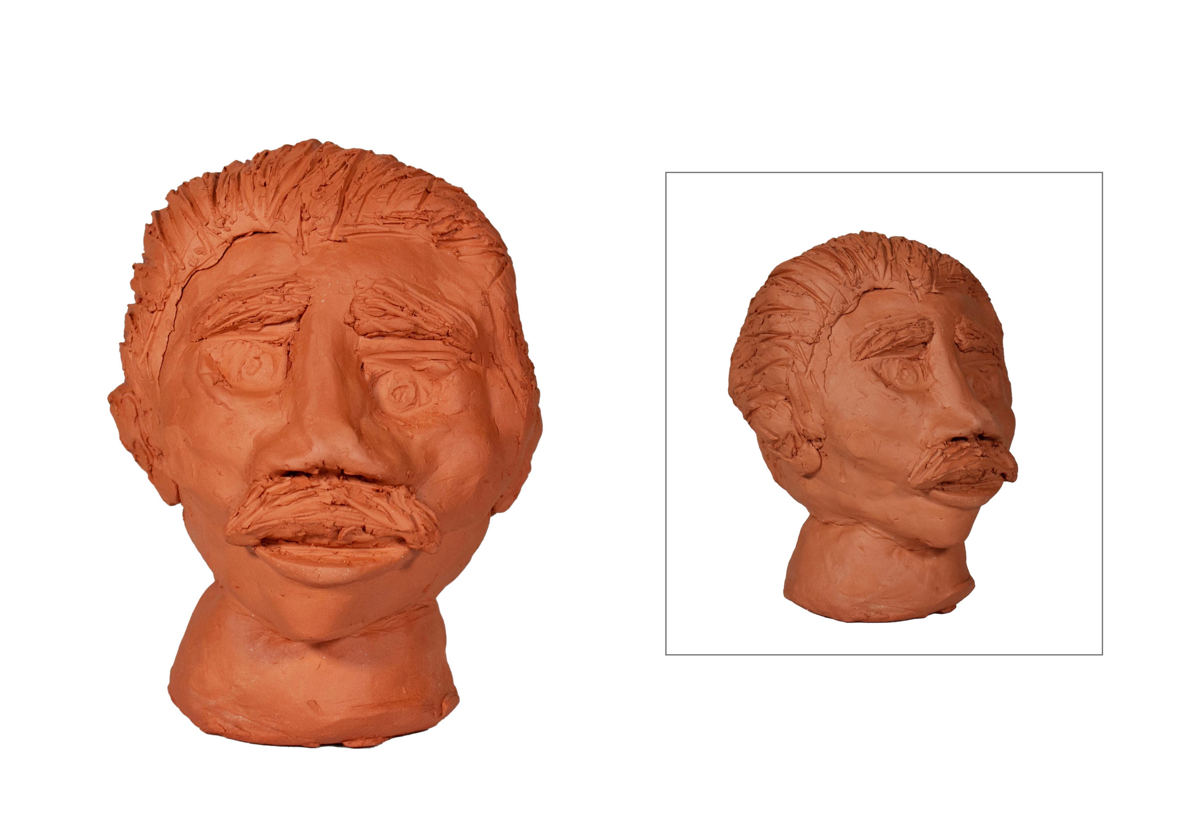 Red-clay bust of Neil deGrasse Tyson presented in two photos, one at left facing the viewer directly, the other at right facing to the right. Tyson's short curly hair and thick mustache are prominent.