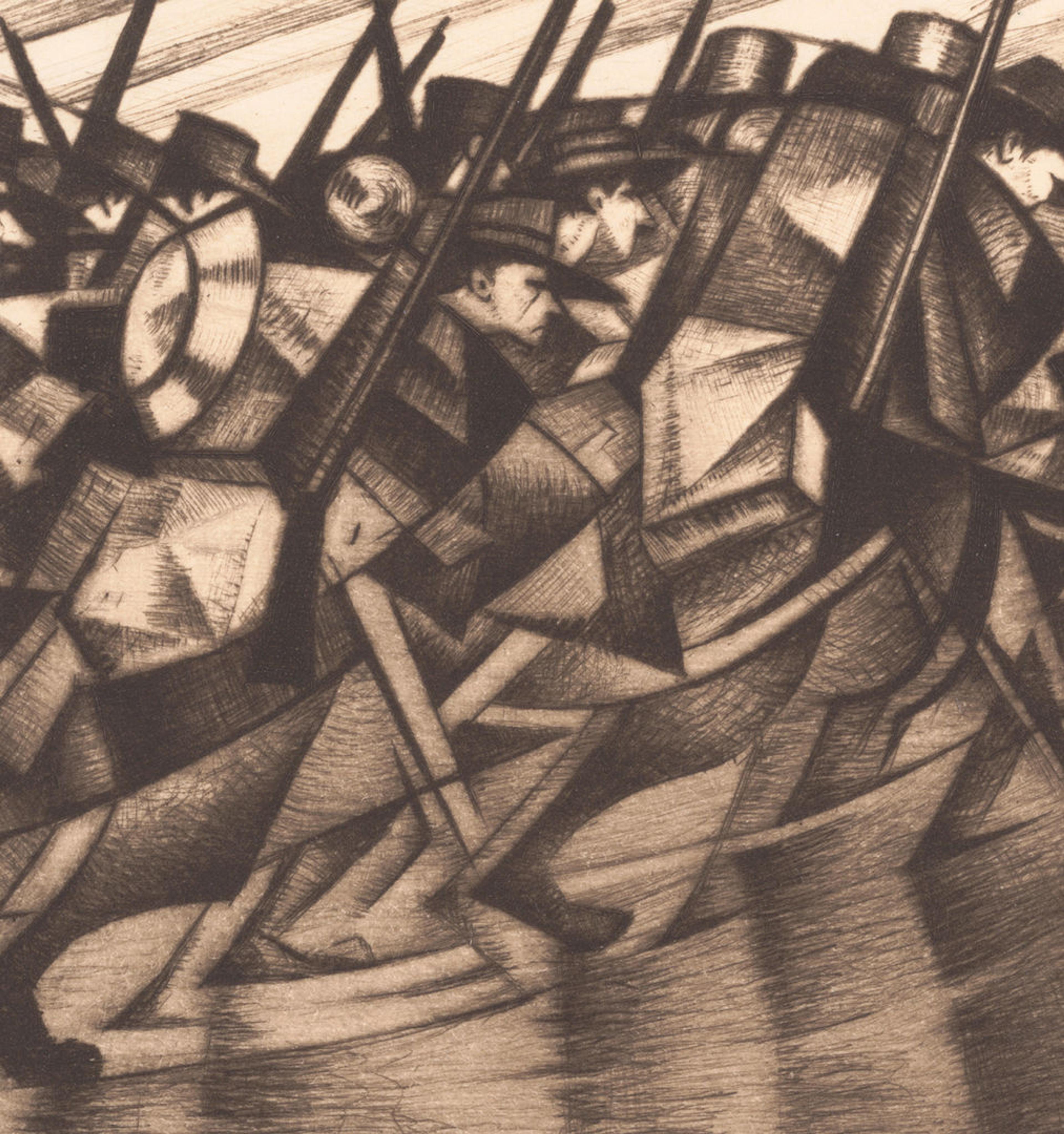 Early 20th-century drypoint depicting a number of soldiers on the way to battle
