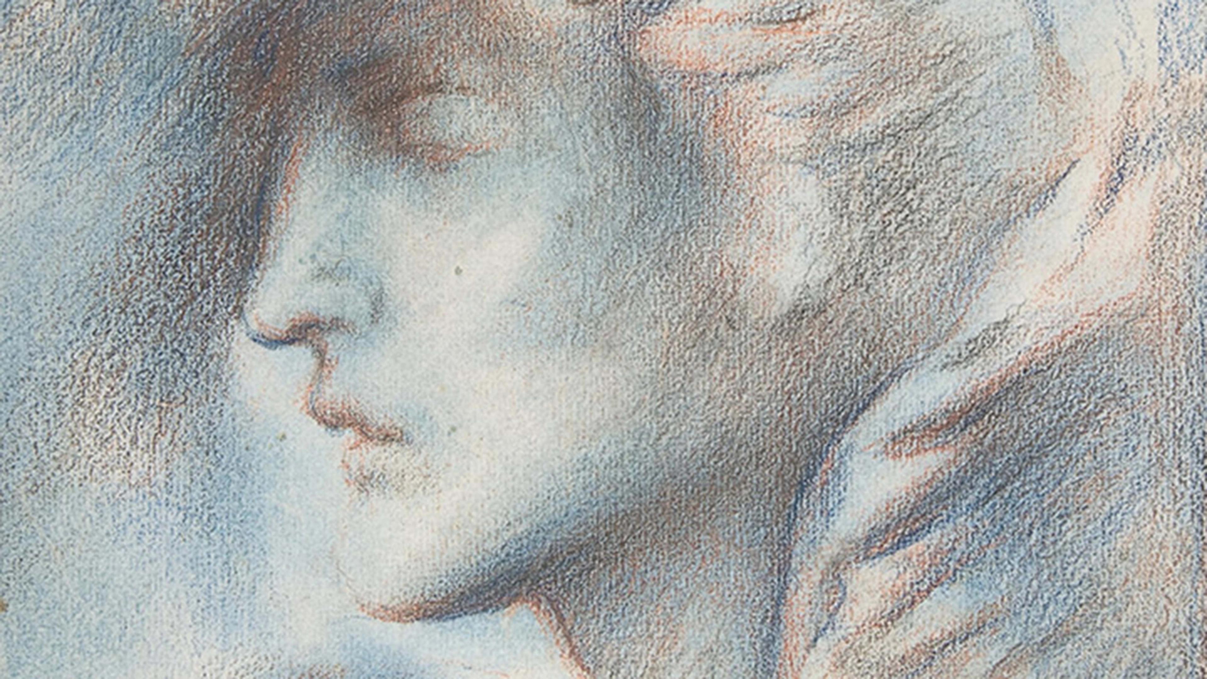 A softly shaded profile drawing of a human face, rendered in blue, gray, and reddish-brown tones with delicate, flowing lines.