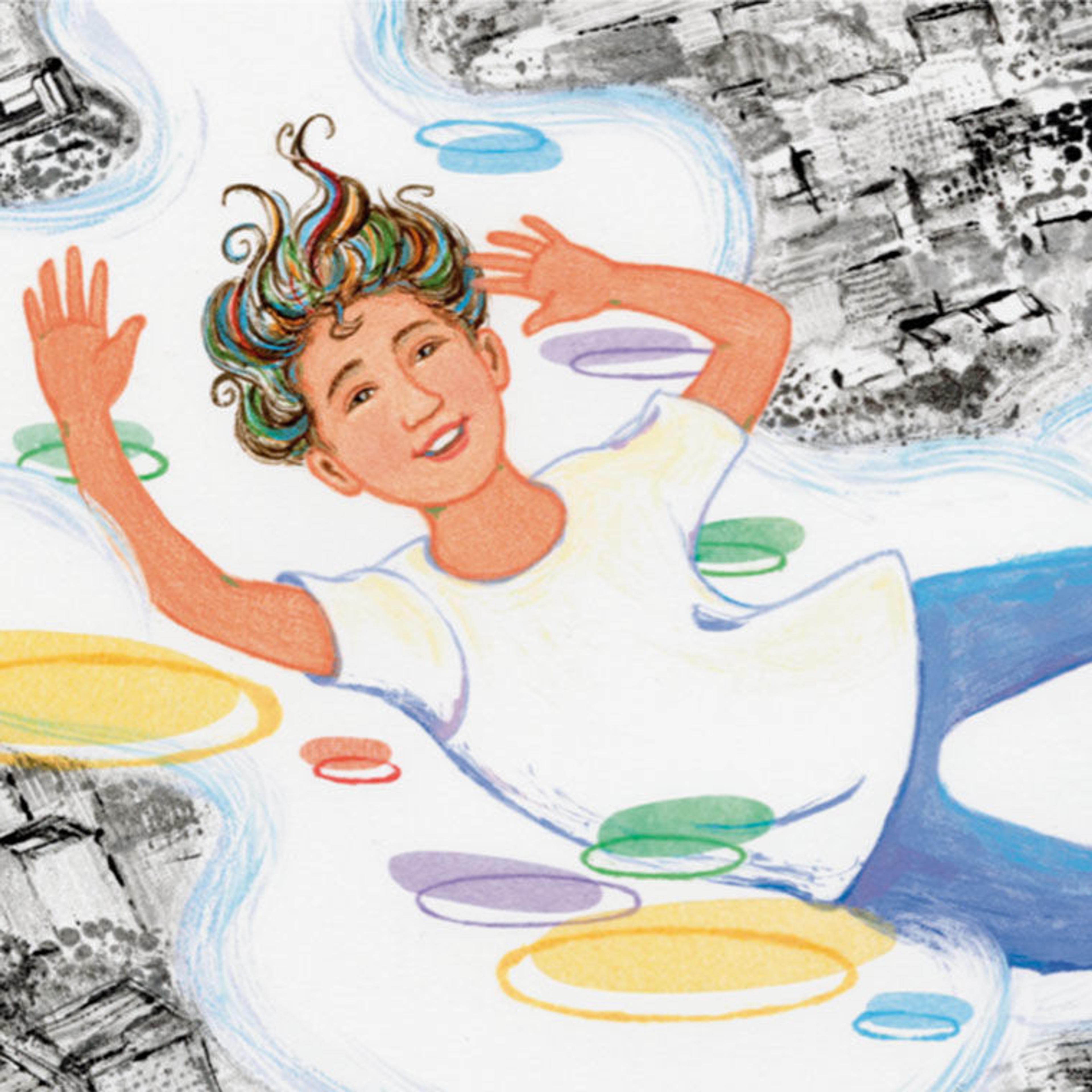Detail of an illustration of a young girl in a white shirt and blue pants flying through the sky in a horizontal position. Beside her are clouds and various multi-colored oval shapes and in the distance is a black-and-white cityscape seen from above.