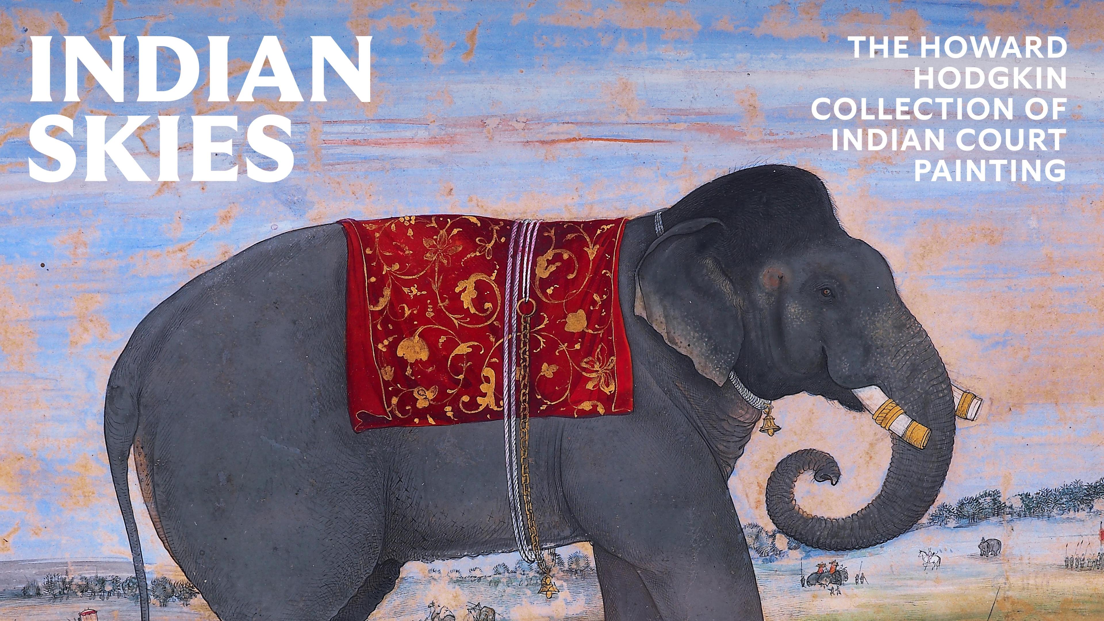 Large elephant print with text reading Indian Skies with a sherbet color paint strokes