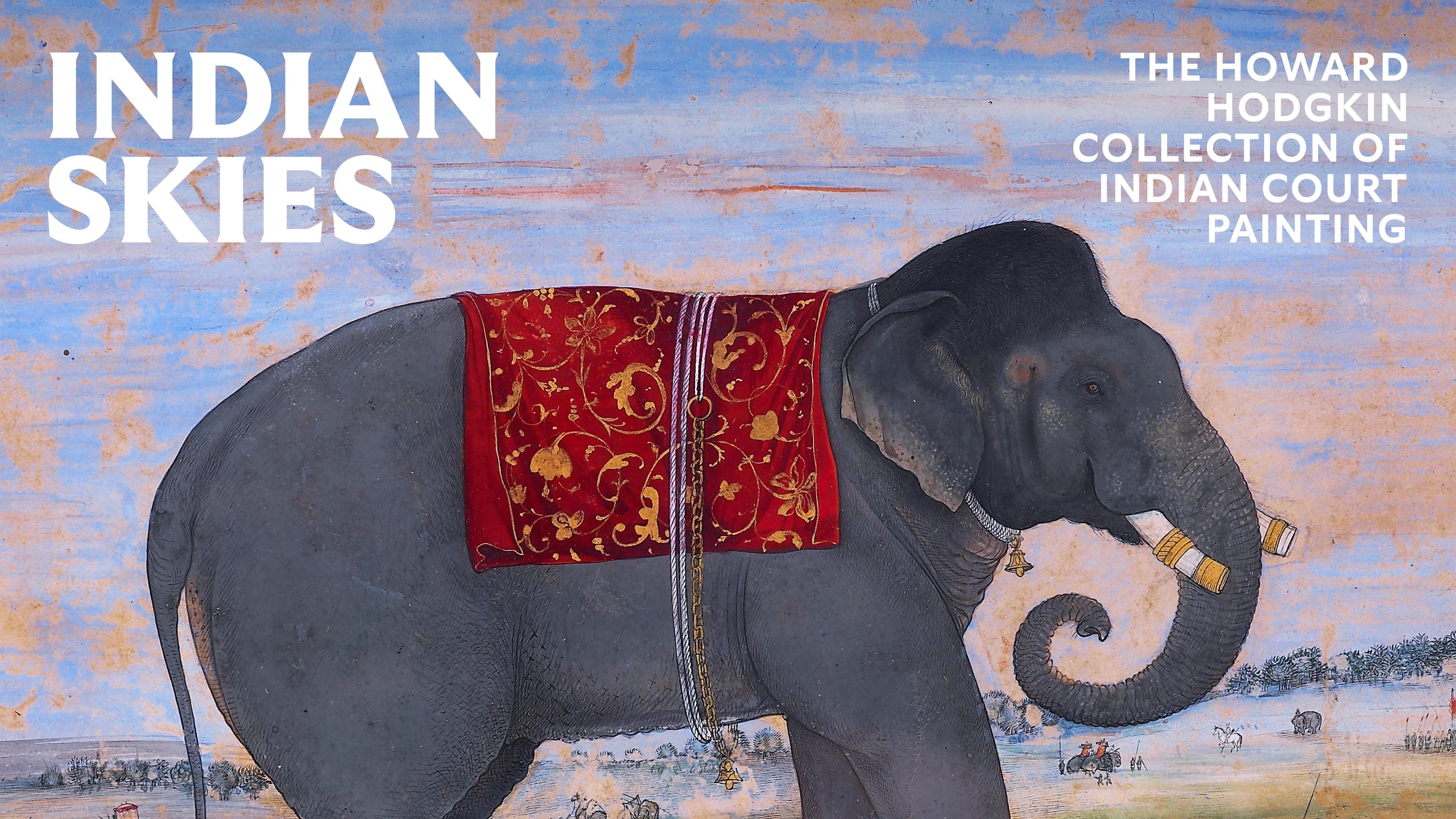 Large elephant print with text reading Indian Skies with a sherbet color paint strokes