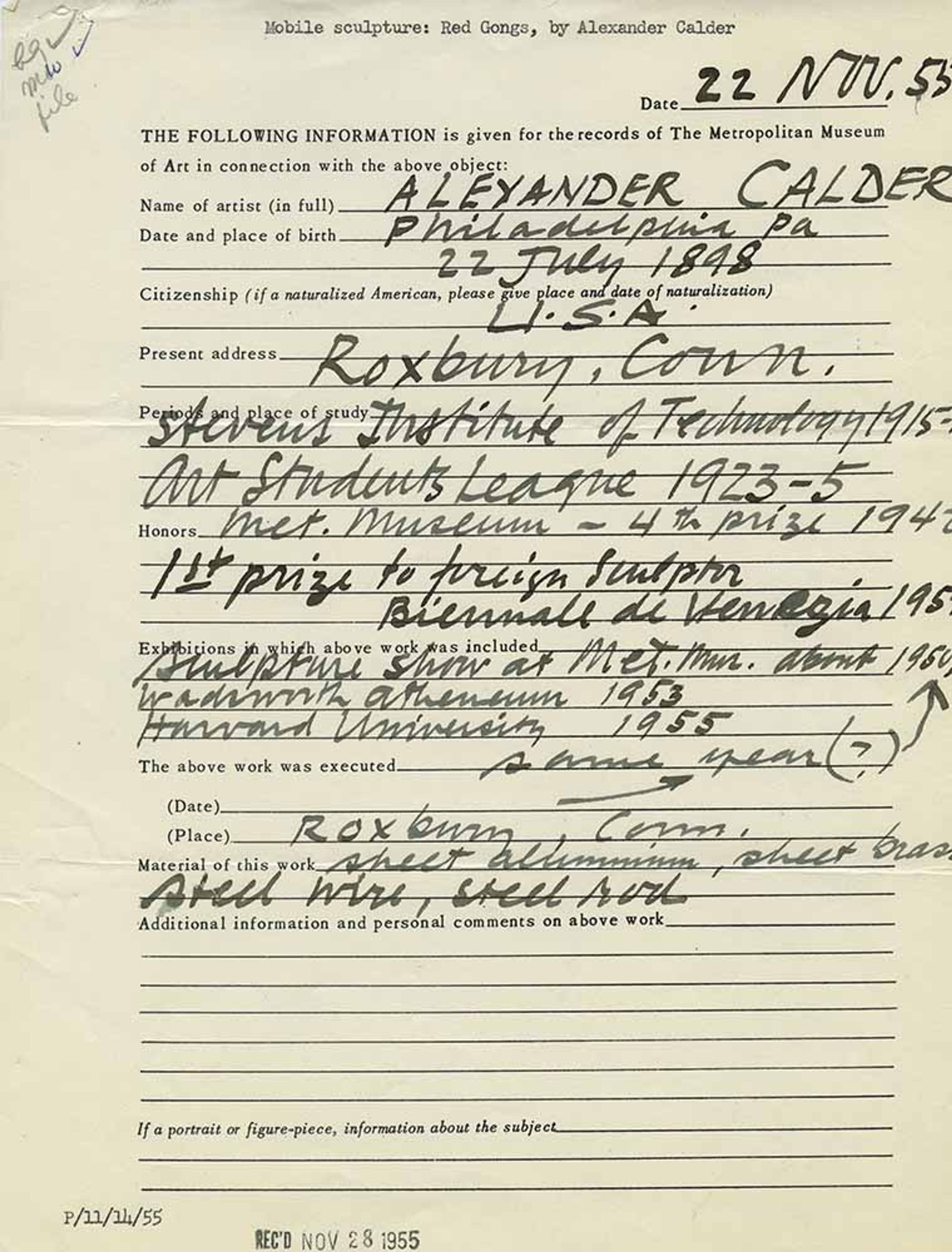 An intake form filled out by artist Alexander Calder