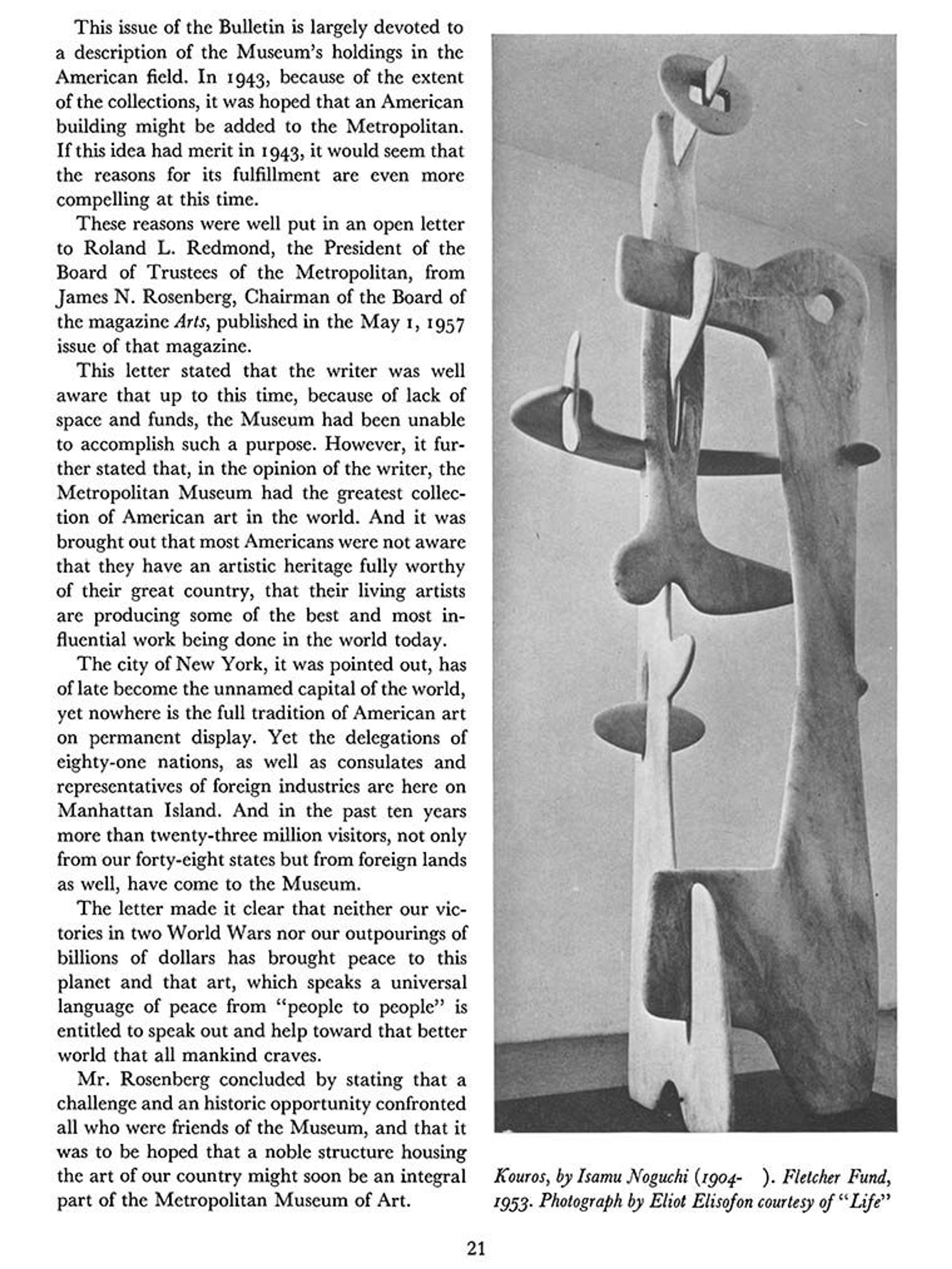 A photograph of Noguchi's Kouros in a Met Bulletin