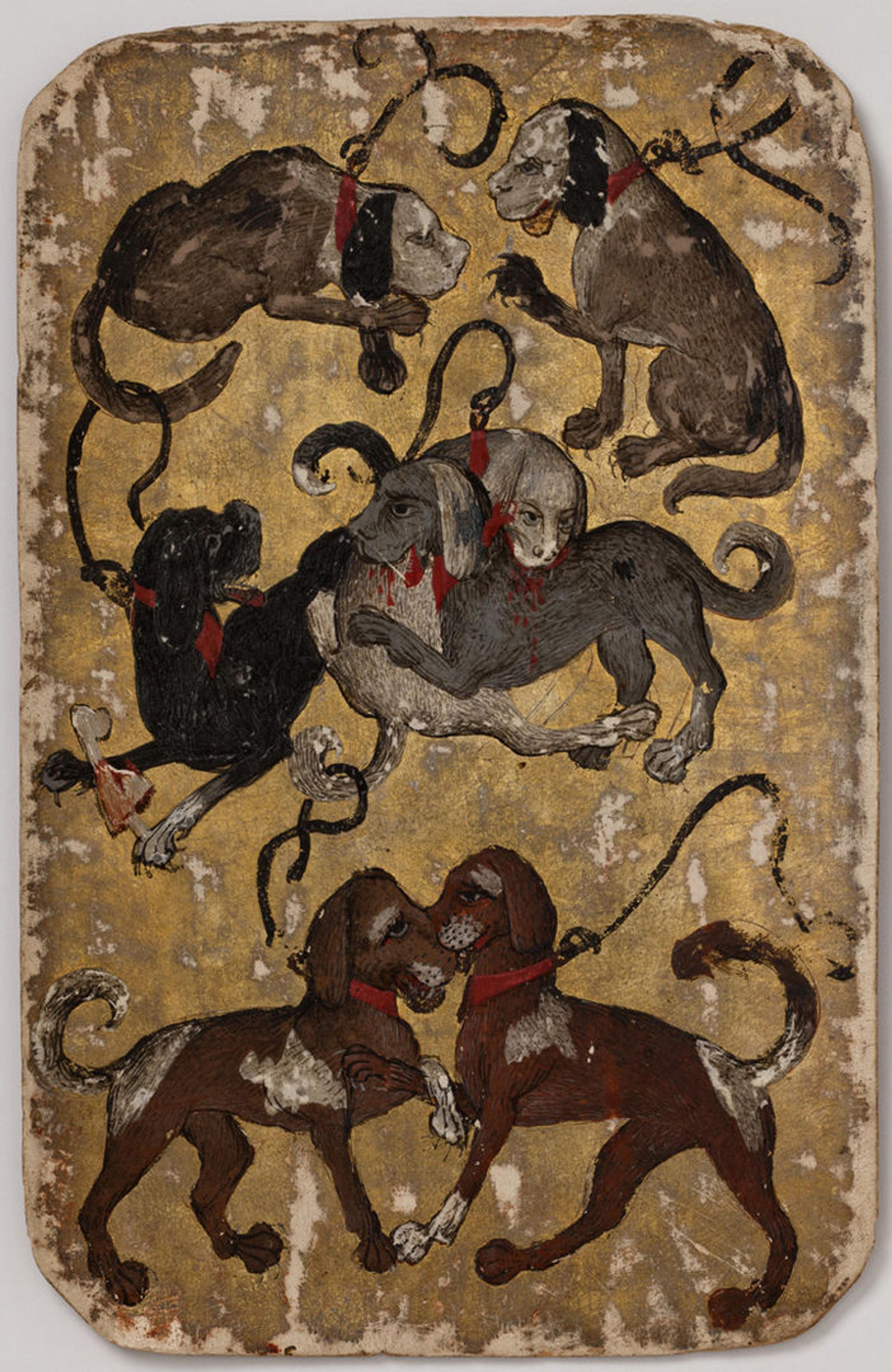 7 of Hounds, from The Stuttgart Playing Cards, ca. 1430. Made in Upper Rhineland, Germany. Paper (six layers in pasteboard) with gold ground and opaque paint over pen and ink; 7 1/2 x 4 3/4 in. (19.1 x 12.1 cm). Landesmuseum Württemberg, Stuttgart