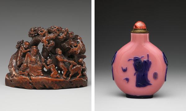 Left: Demon Queller Zhong Kui with Demons. China, Qing dynasty (1644–1911), late 17th–early 18th century; Right: Snuff Bottle with Demon Queller Zhong Kui. China, Qing dynasty (1644–1911), Daoguang period (1821–50)