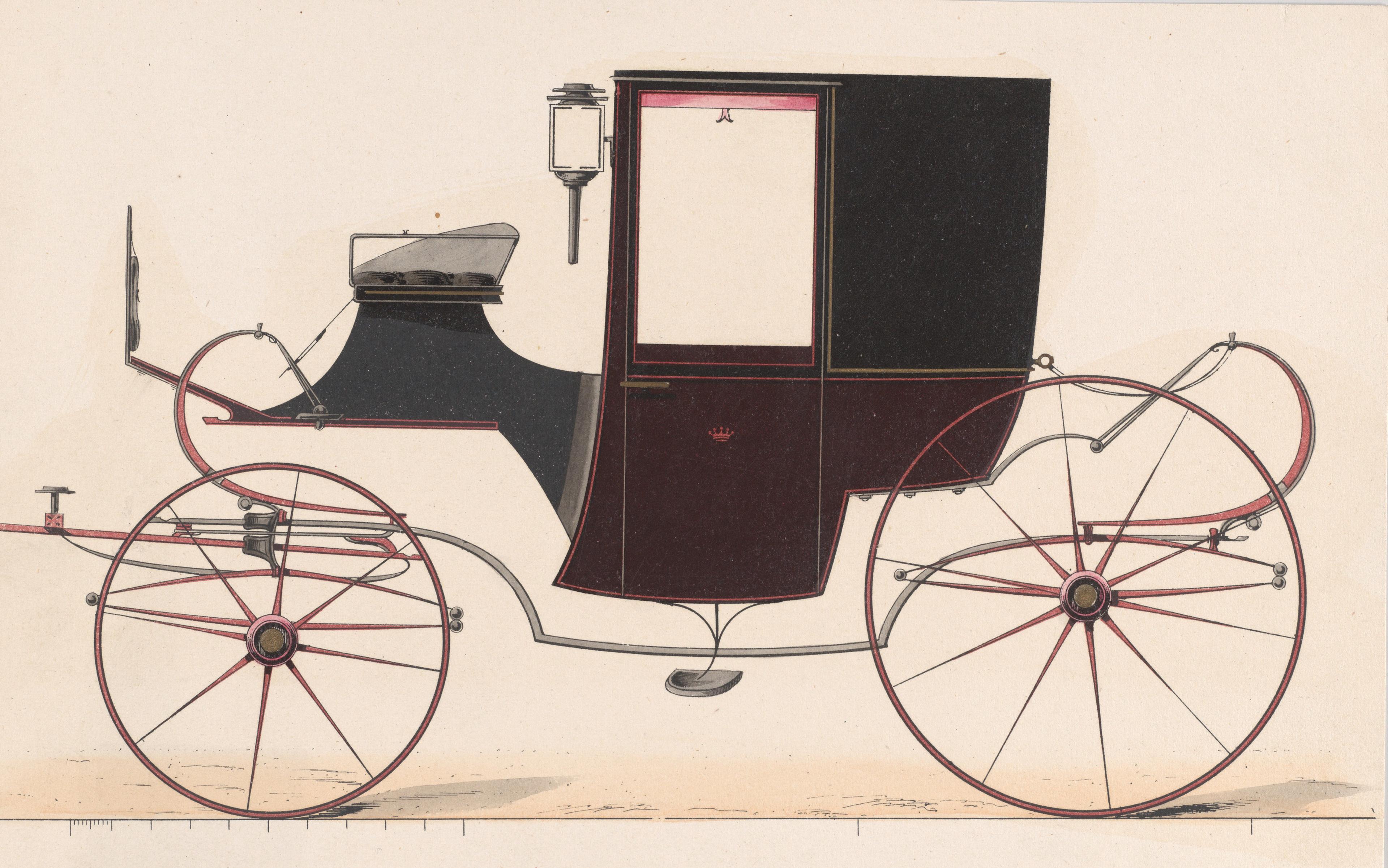 Print of a marron and black American carriage, circa 1880.