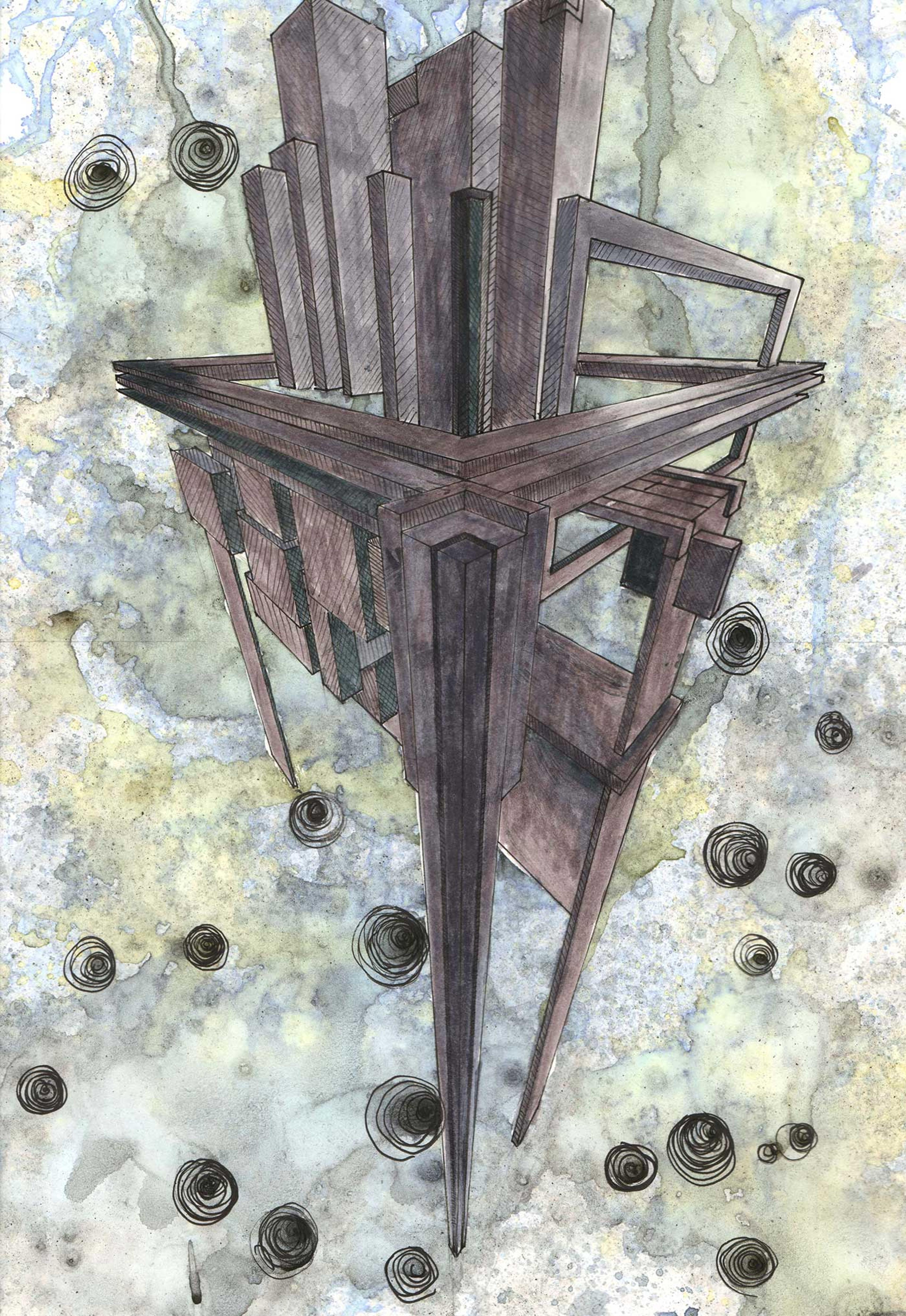 Drawing of a building from a bird's-eye view with a watercolor background.