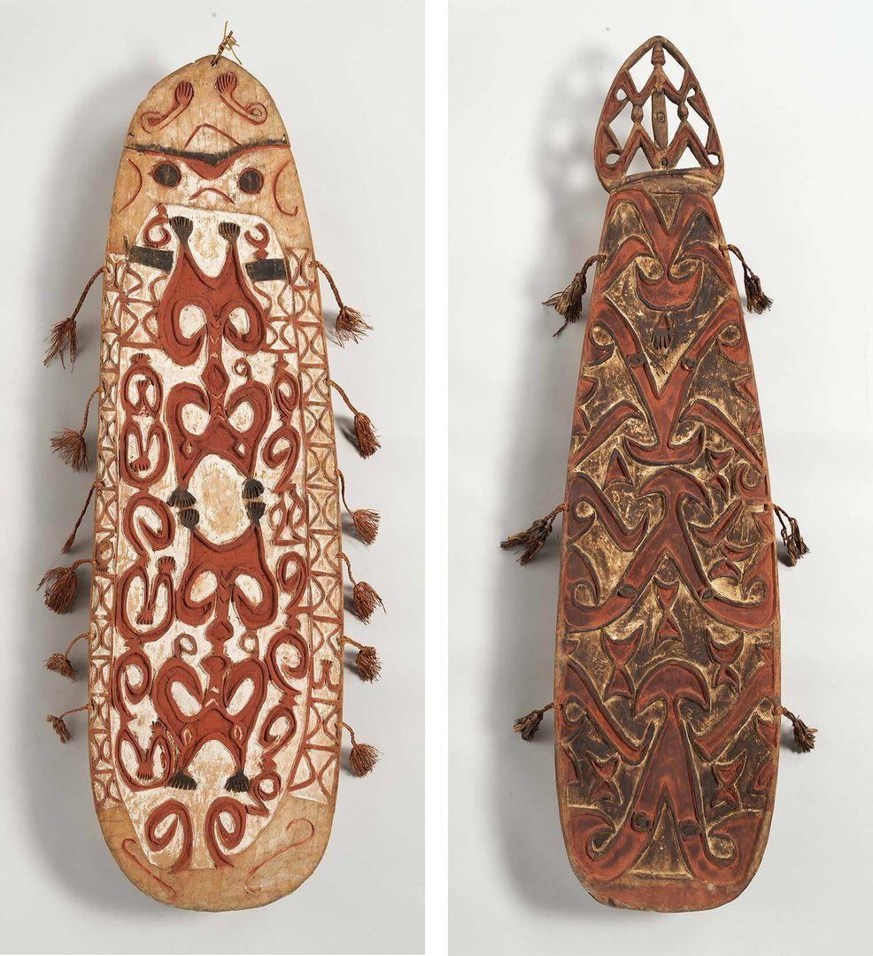 Two Asmat shields depicting several ancestors