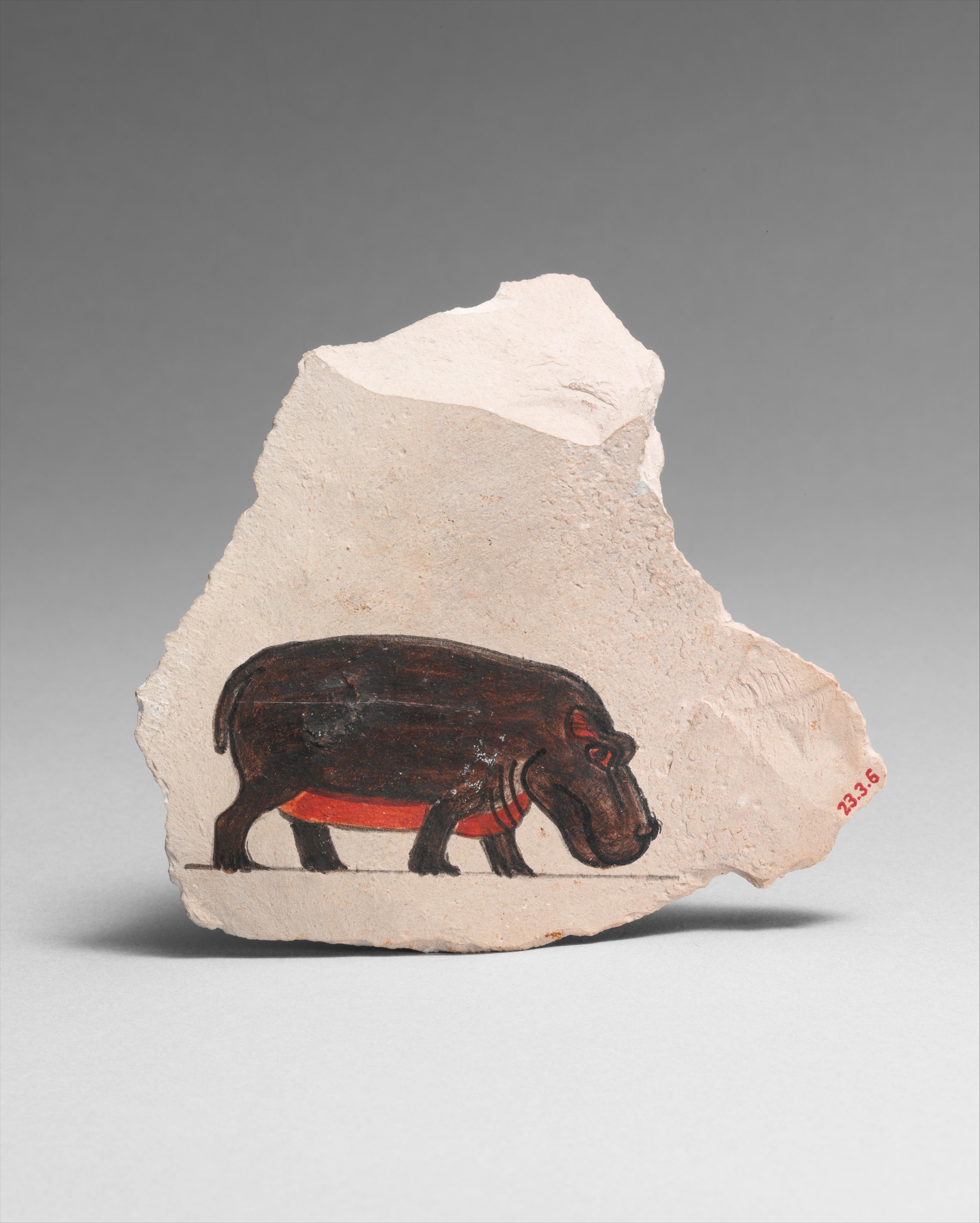 A profile painting of a small dark brown hippo with a red belly on a light limestone.