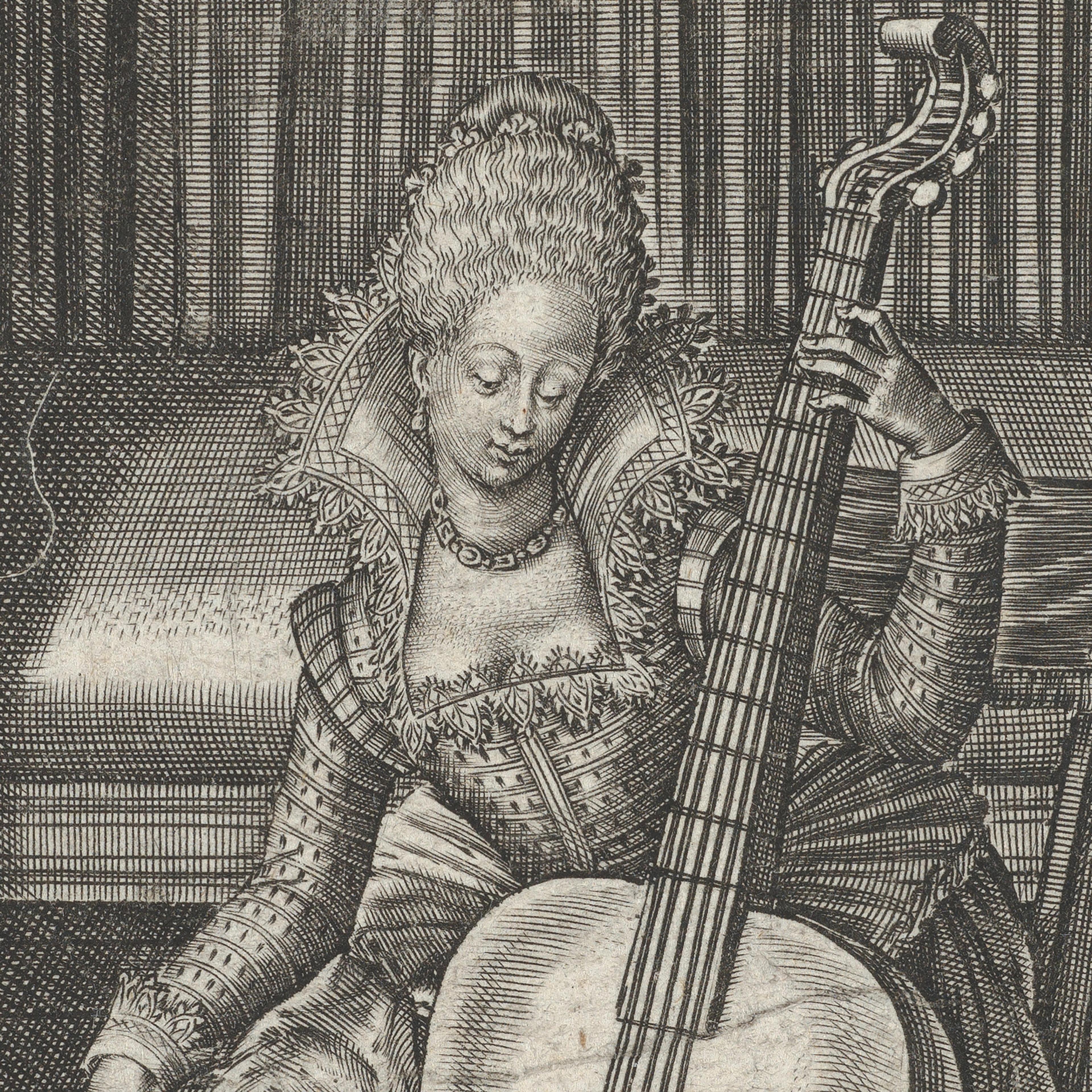 A vintage string instrument with a warm, reddish-brown wood finish, intricate neck design, and curvy body. Tone is elegant and timeless.