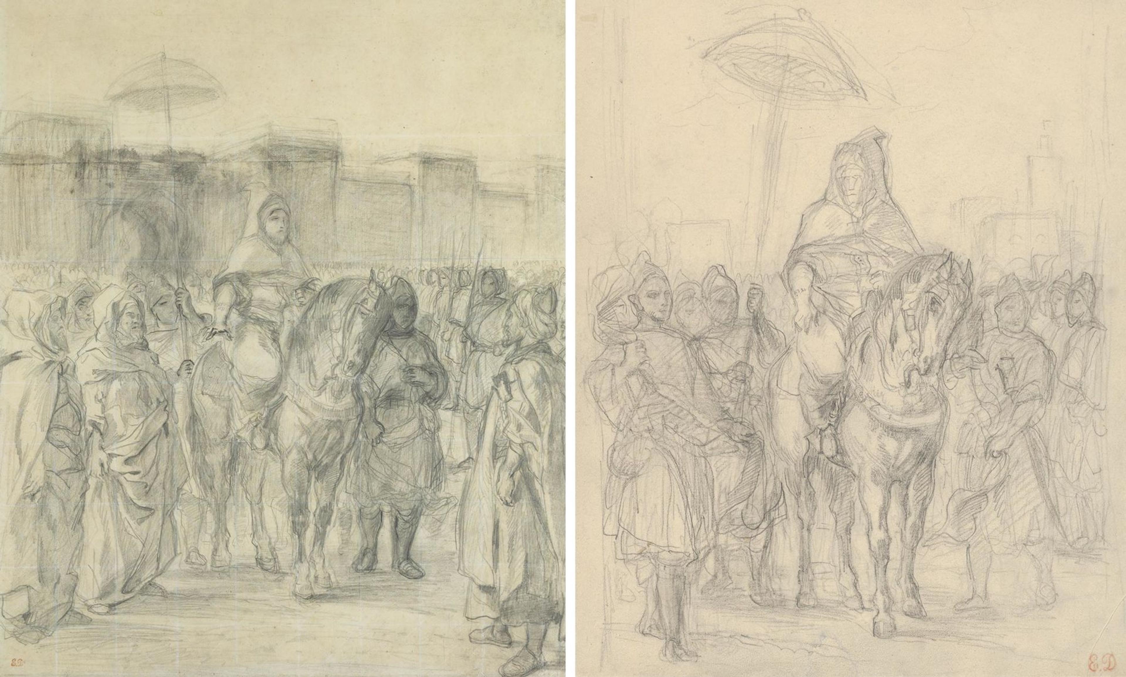 Two different drawings by Delacroix depicting a royal entourage from Morocco