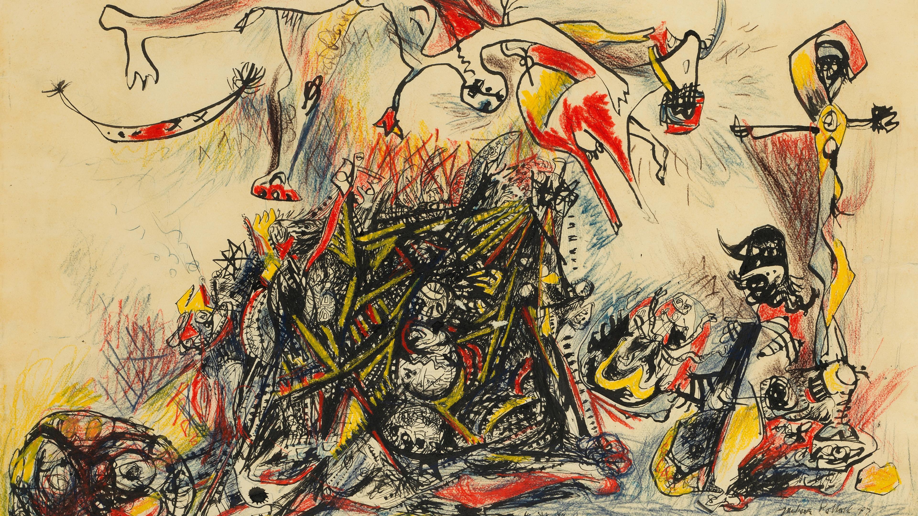 Colorful abstract drawing of overlapping figures and forms densely rendered in black, red, and yellow lines.