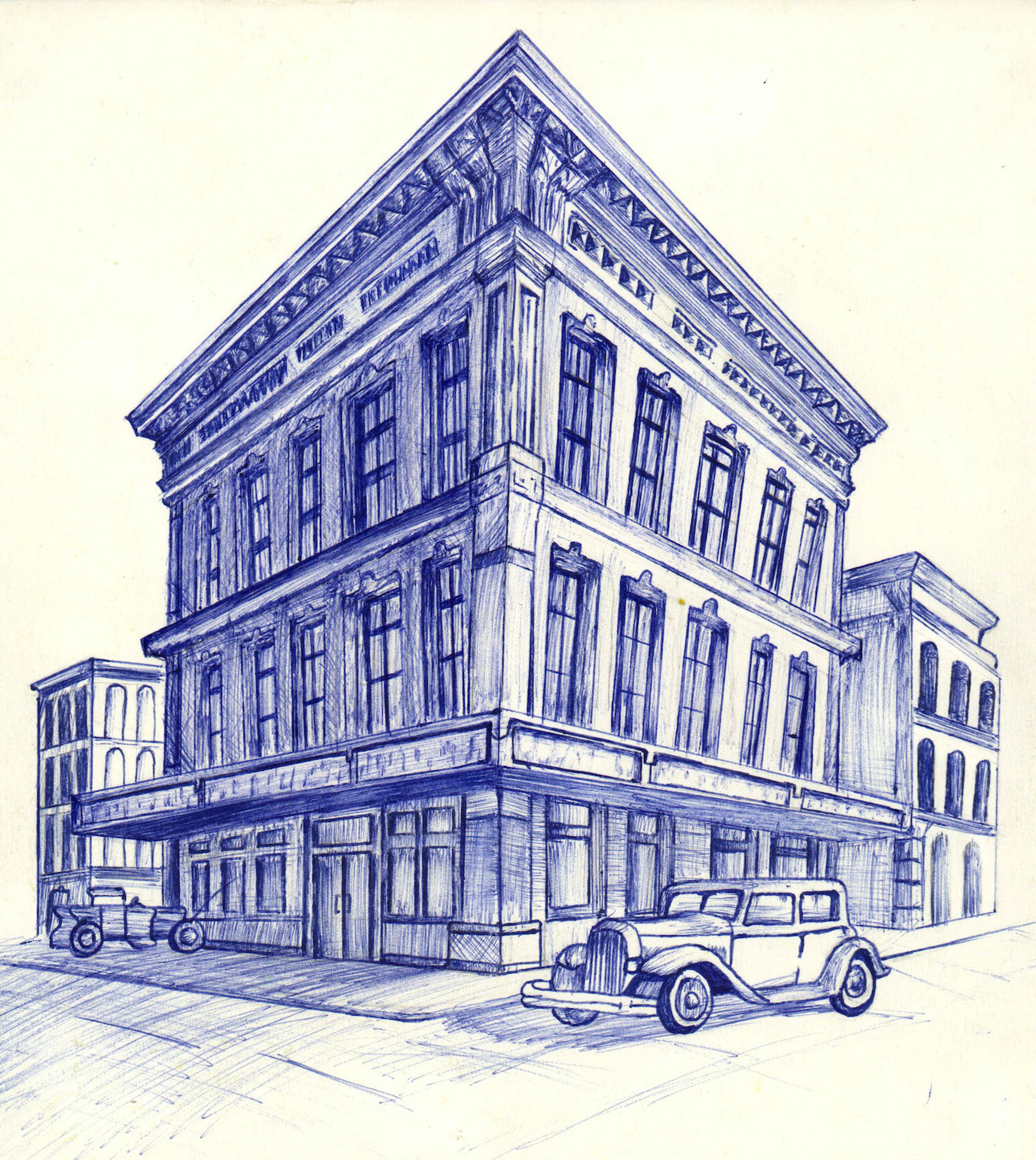 Pen and ink illustration of the corner of a three storey building centered in three- point perspective. All the linework is drawn in varying shade of blue ink. The building itself has an awning above the first floor, and looks like it was constructed in the Nineteen Thirties, if not earlier. Two cars are parked on either side of the building's corners. Both cars also appear old- fashioned, as if built in the Nineteen Thirties. Further down each cross street, an additional three storey building is shown on either side of the main building in the foreground.