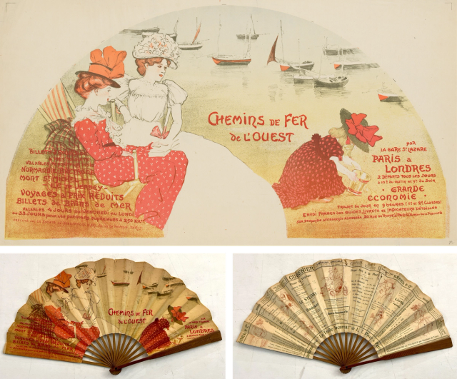 Fan showing well-dressed women on a beach with sailboats in the distance.