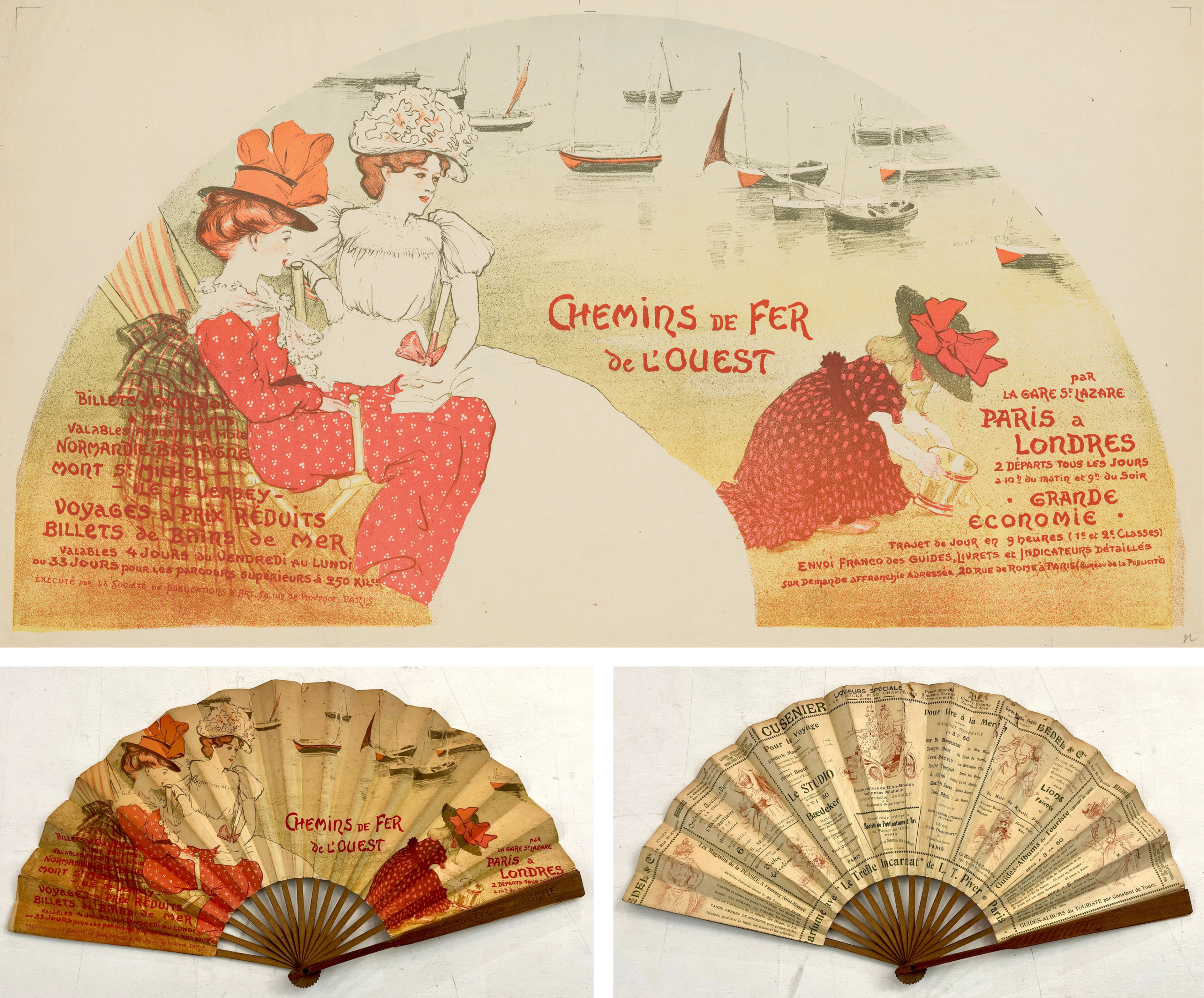 Fan showing well-dressed women on a beach with sailboats in the distance.