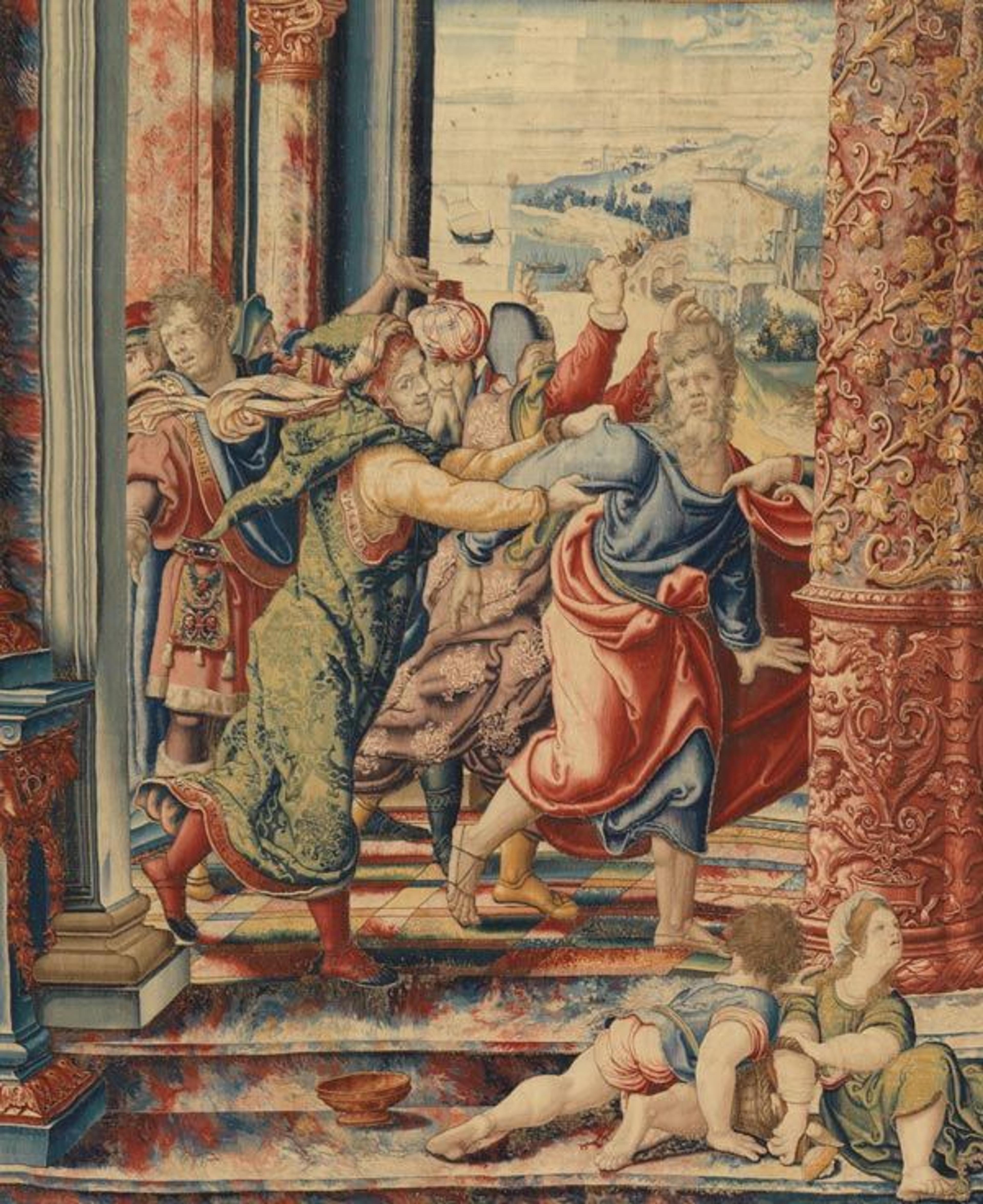 Saint Paul Seized at the Temple of Jerusalem tapestry in a set of the Life of Saint Paul (detail). Designed by Pieter Coecke van Aelst (Netherlandish, 1502–1550), ca. 1529–30. Probably woven under the direction of Jan van der Vyst, Brussels, probably before 1546. Wool and silk; 13 ft. 10 1/8 in. x 26 ft. 6 1/8 in. (422 x 808 cm). KBC Bank Collection, Leuven