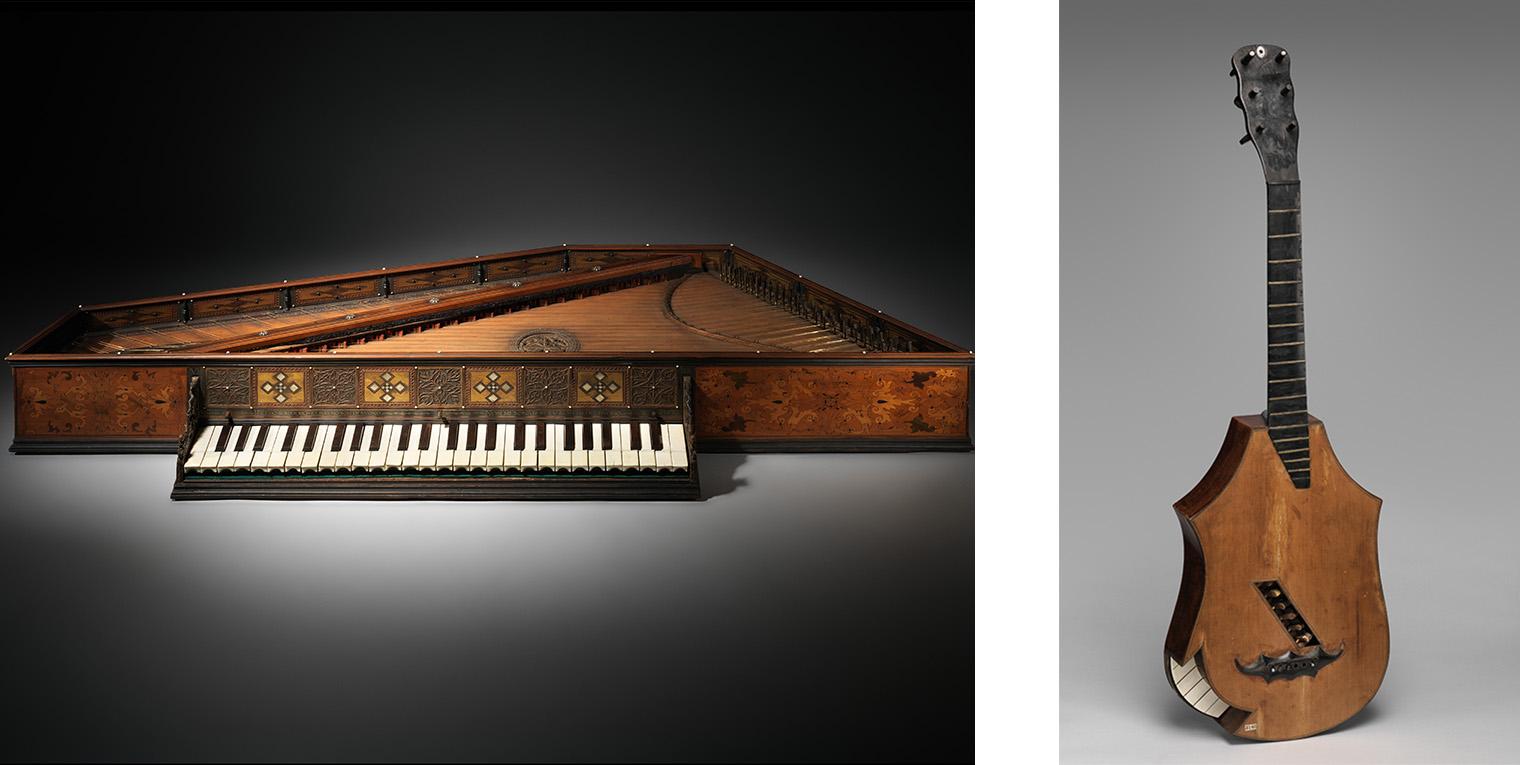 Composite photo, Left: Wooden piano against dark background, right: wooden guitar