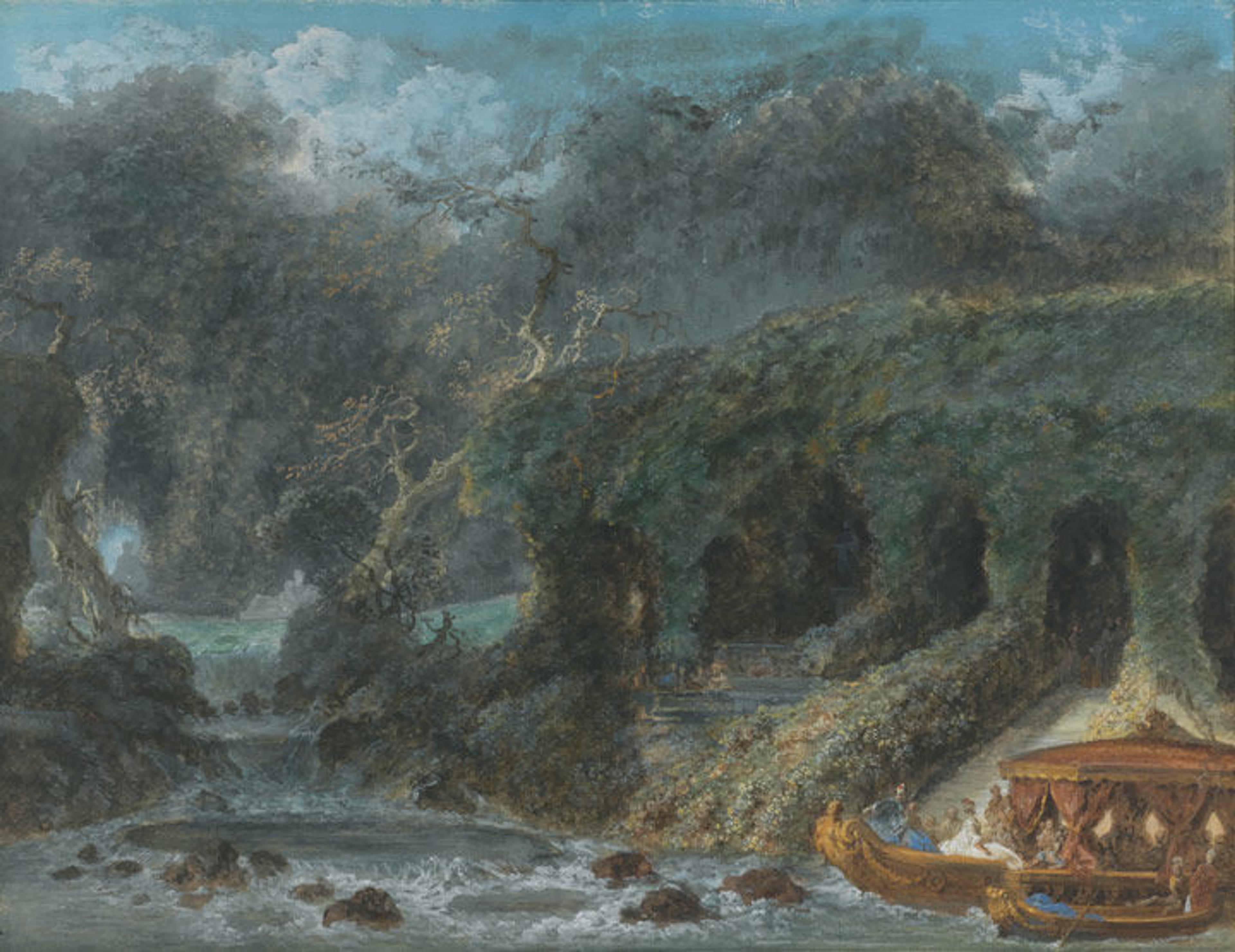 Black chalk and gouache drawing of a group of people approacing a dark, atmospheric island on a gilded 18th-century Venetian boat