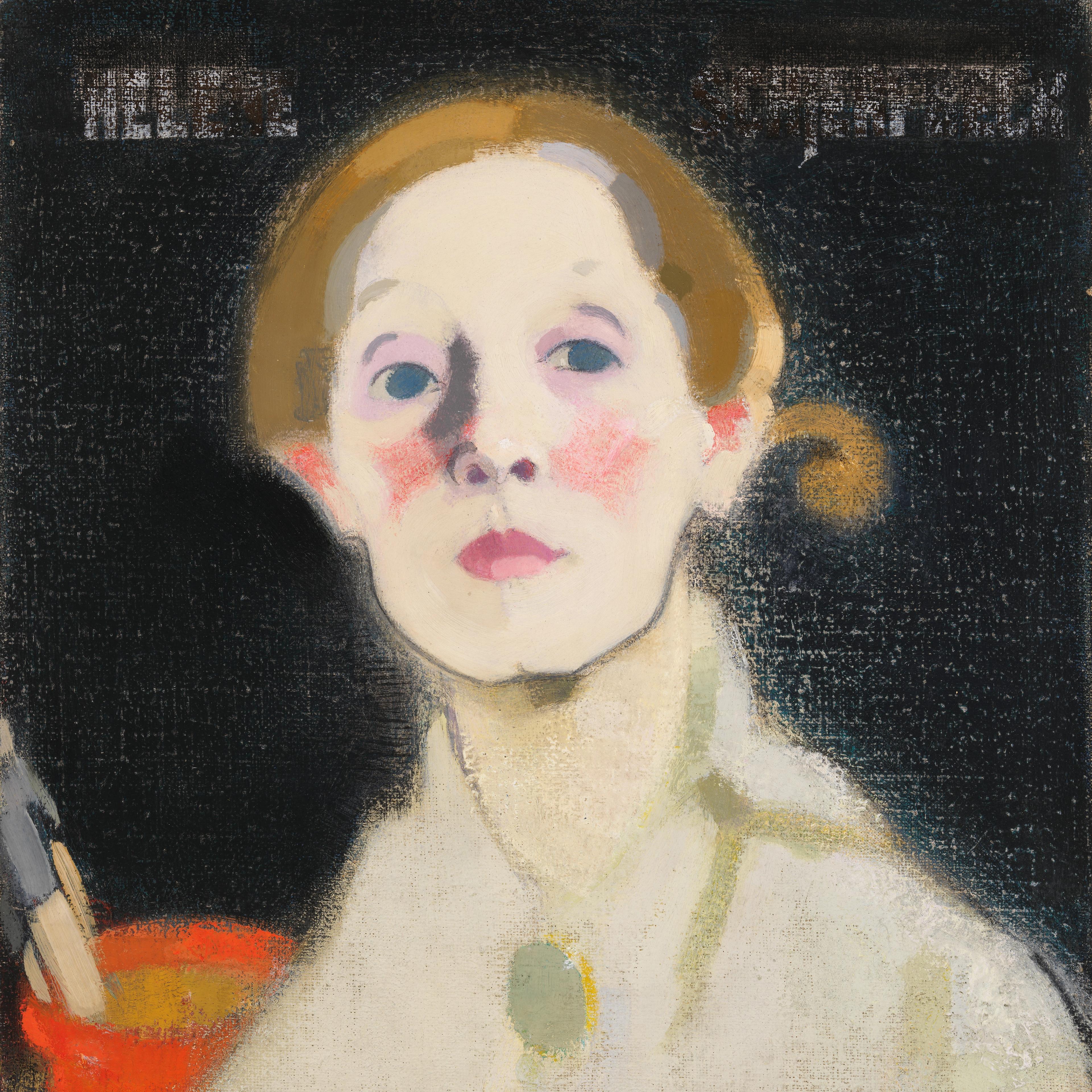 Painting of a woman with pink cheeks and light brown hair against a dark background.