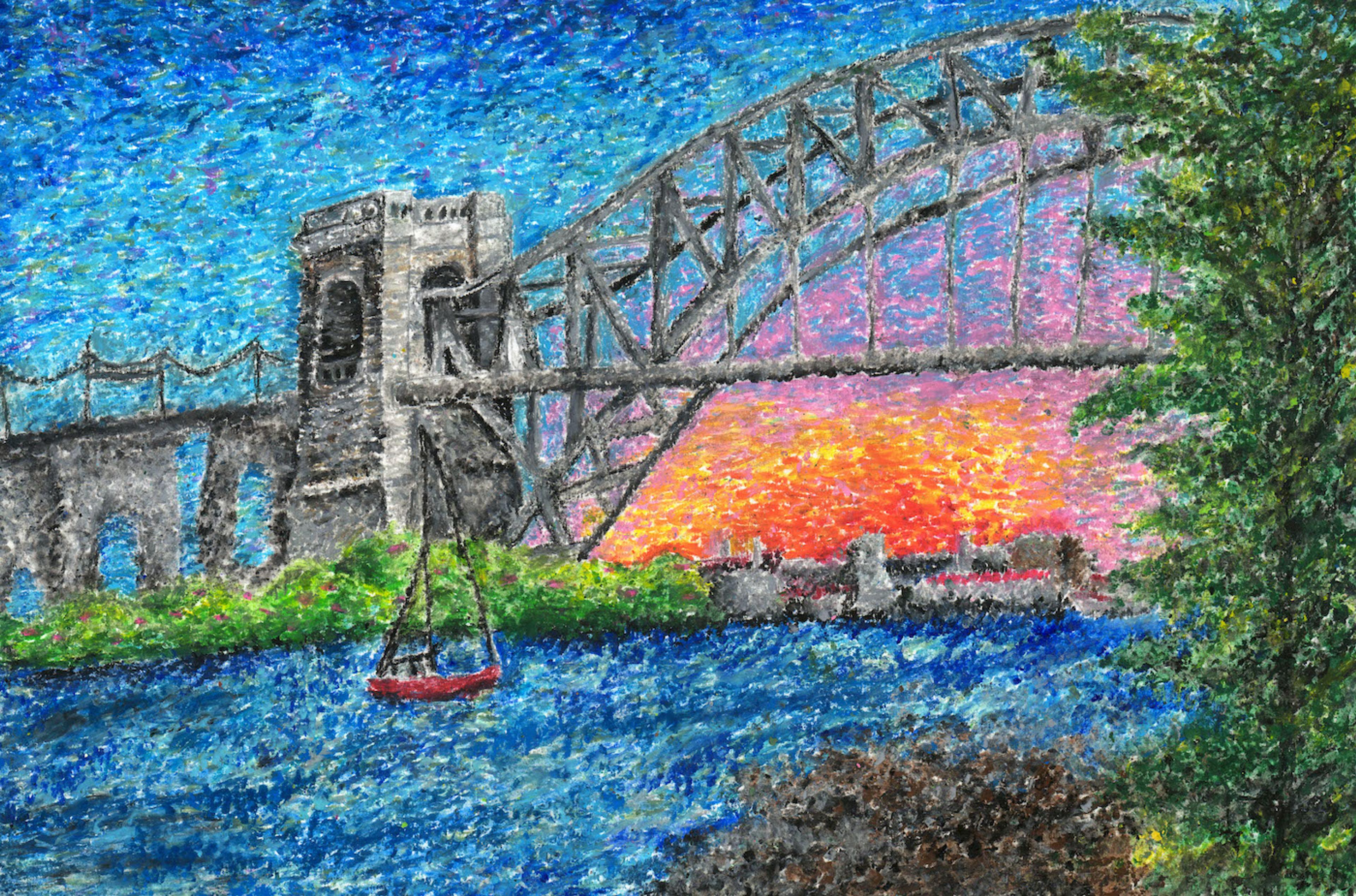 Oil pastel impressionist painting of Astoria Park, showing a red sailboat on a blue river in front of a gray tiered arch bridge. Green bushes with red blooms are shown on the far side of the river, and a tall green tree is shown on the near side along the river bank. The sky above is blue, with a red and orange setting sun on the distant horizon.