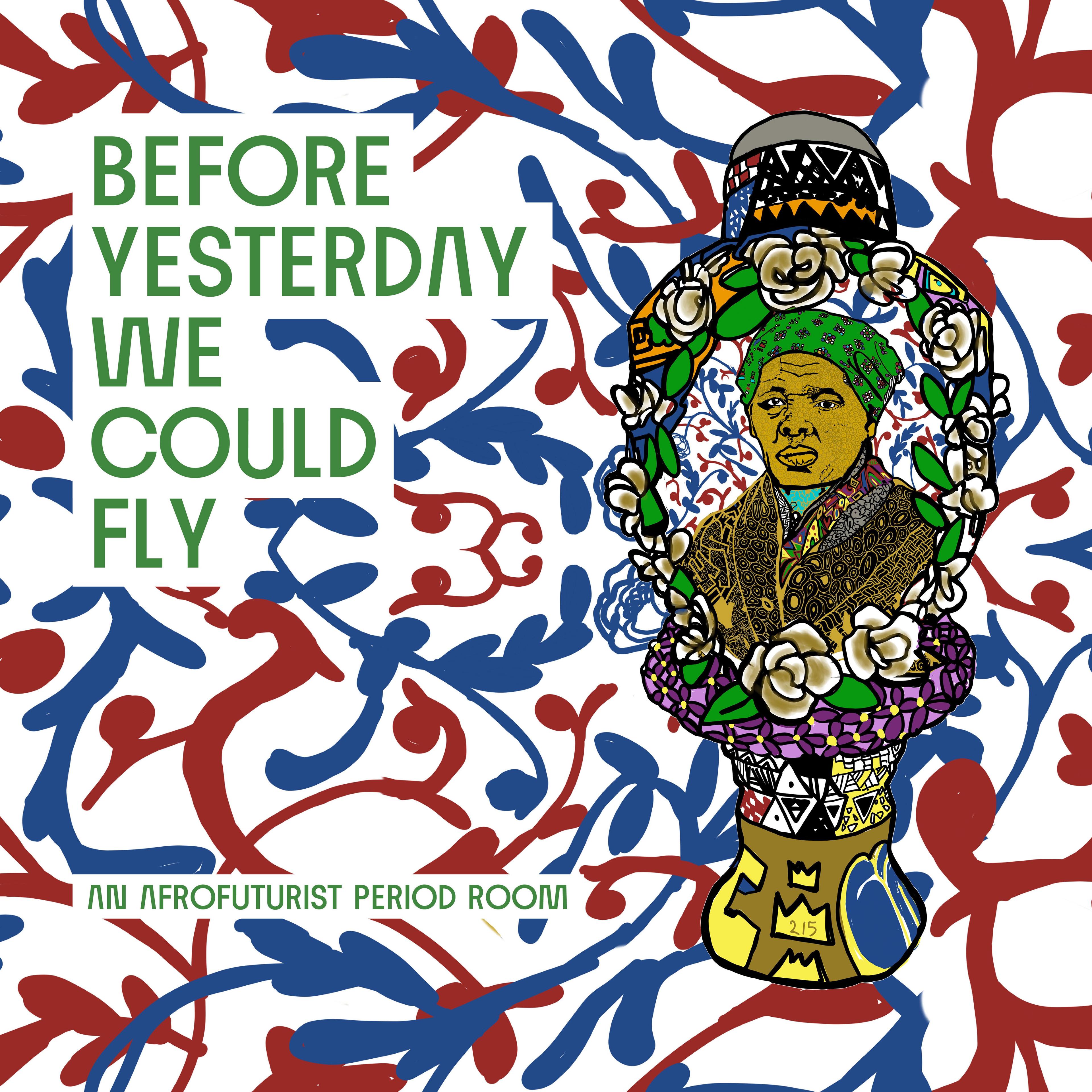 red and blue foliage background colorful portrait of a black woman wearing a green bandana