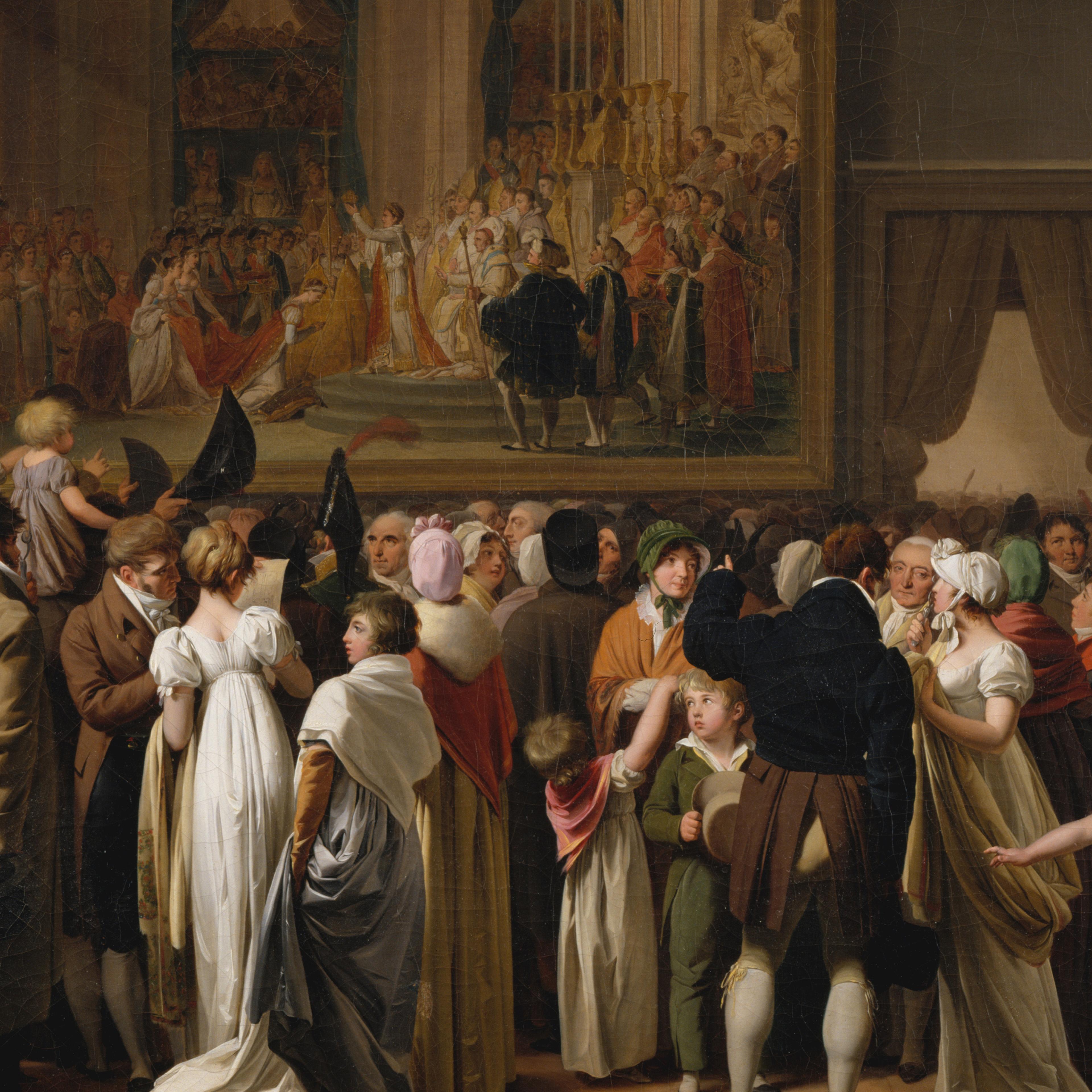 A nineteenth-century crowd viewing David's painting of Napolean crowning his wife Josephine in the Louvre