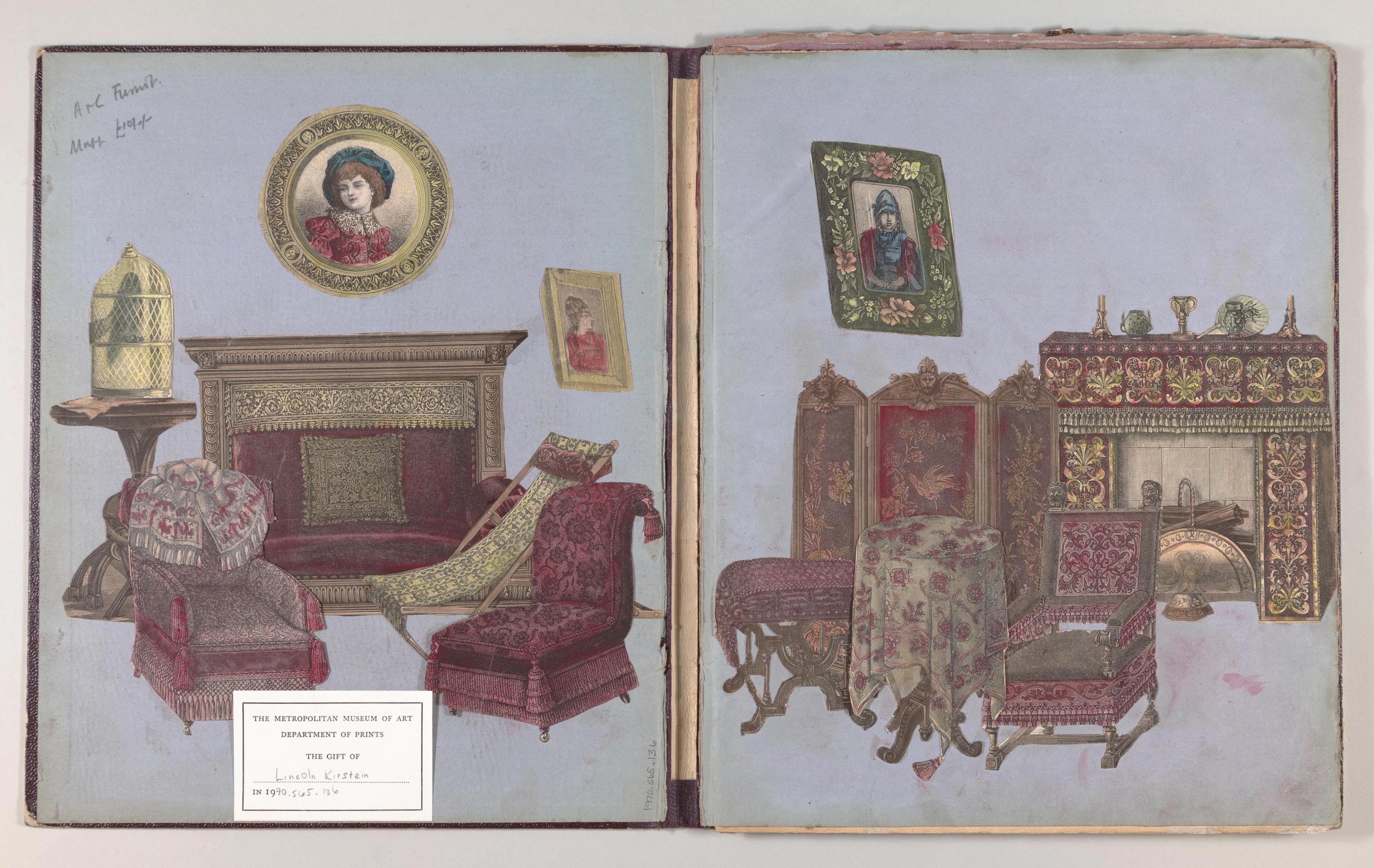 Two interior scenes of furniture around mantles