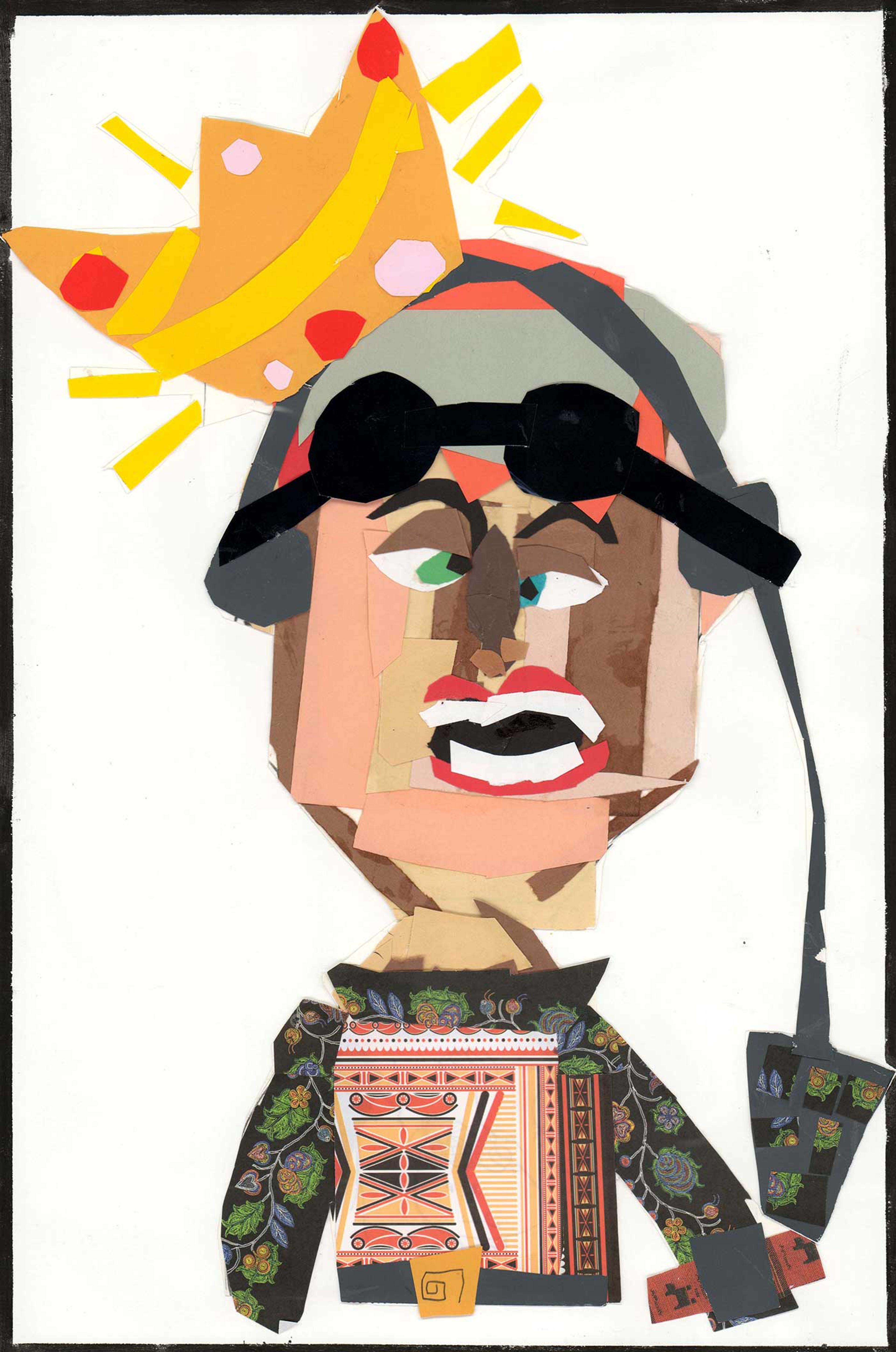 Collage of a boy wearing headphones and a crown on a white background.