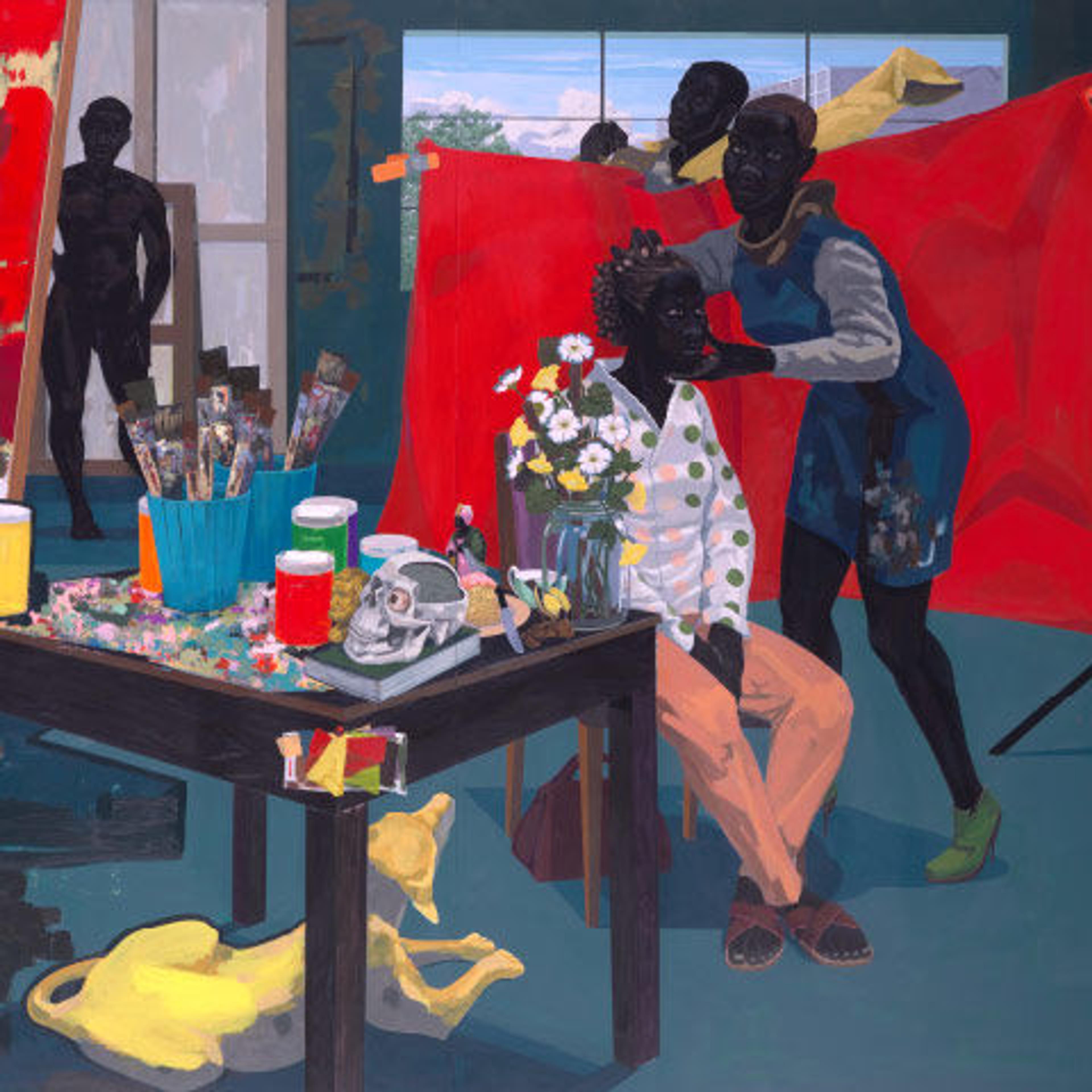 Colorful painting of figures in an art studio