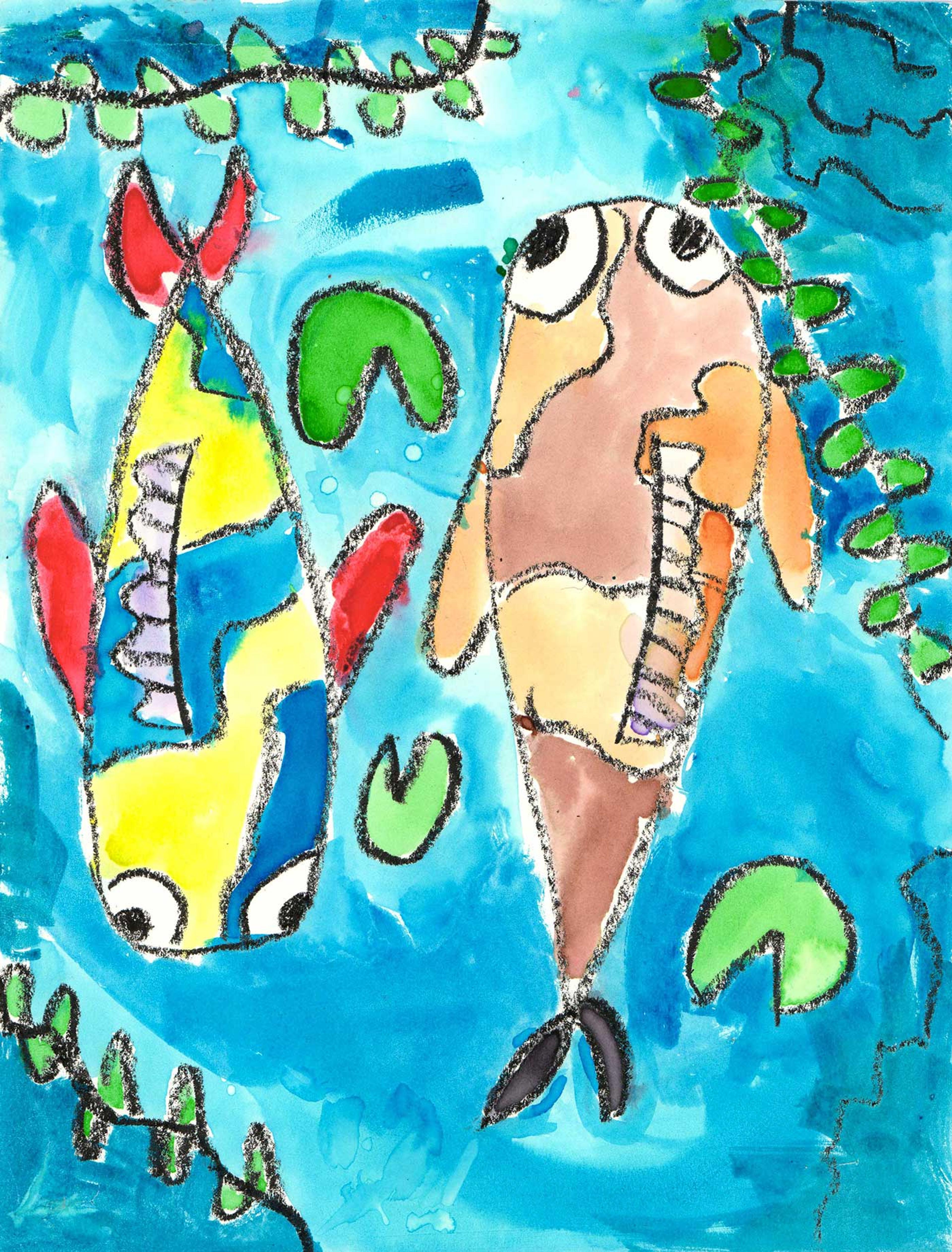 Painting of two fish in a blue pond from an overhead perspective.