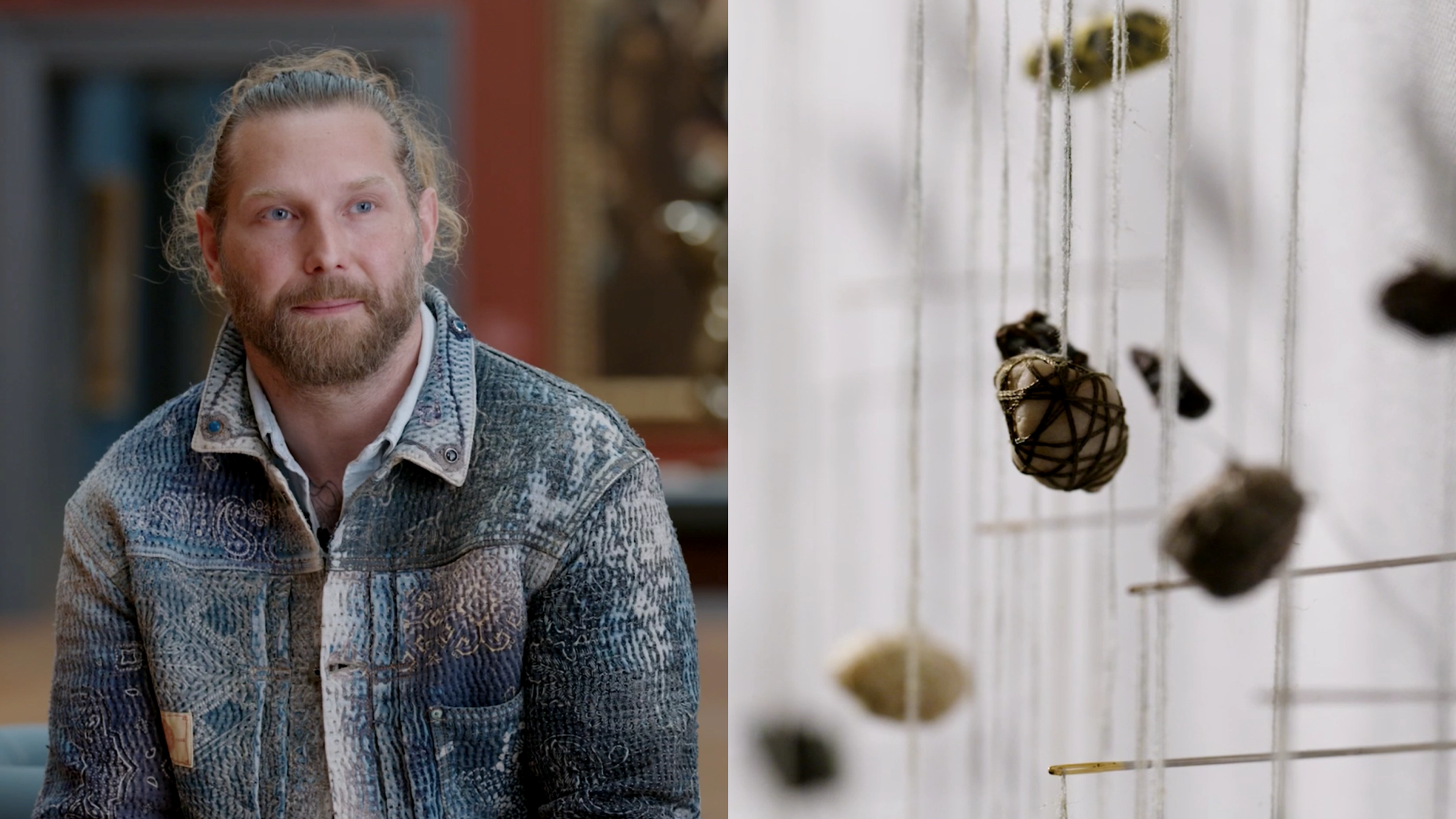 Split image of a man wearing a blue jacket, composite with a handing pebble.