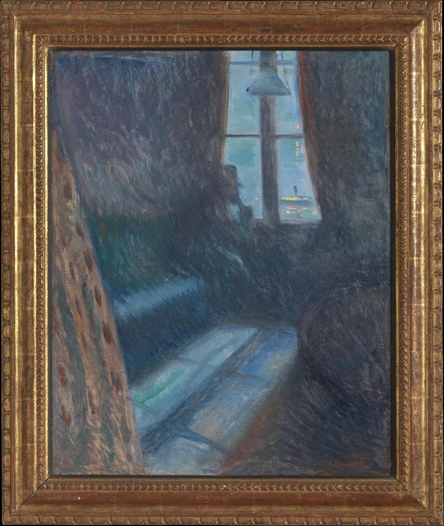 Painting of a man sitting looking out the window in a dark room