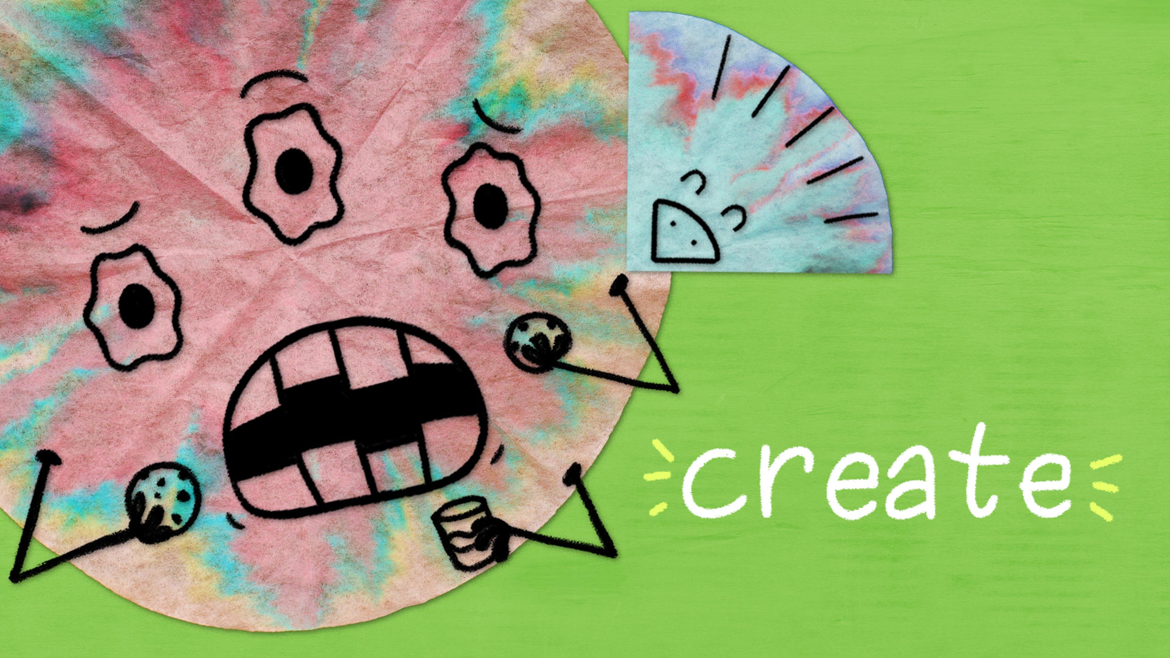 A tie-dye colored monster with drawn-on features on a green background with the word "create."