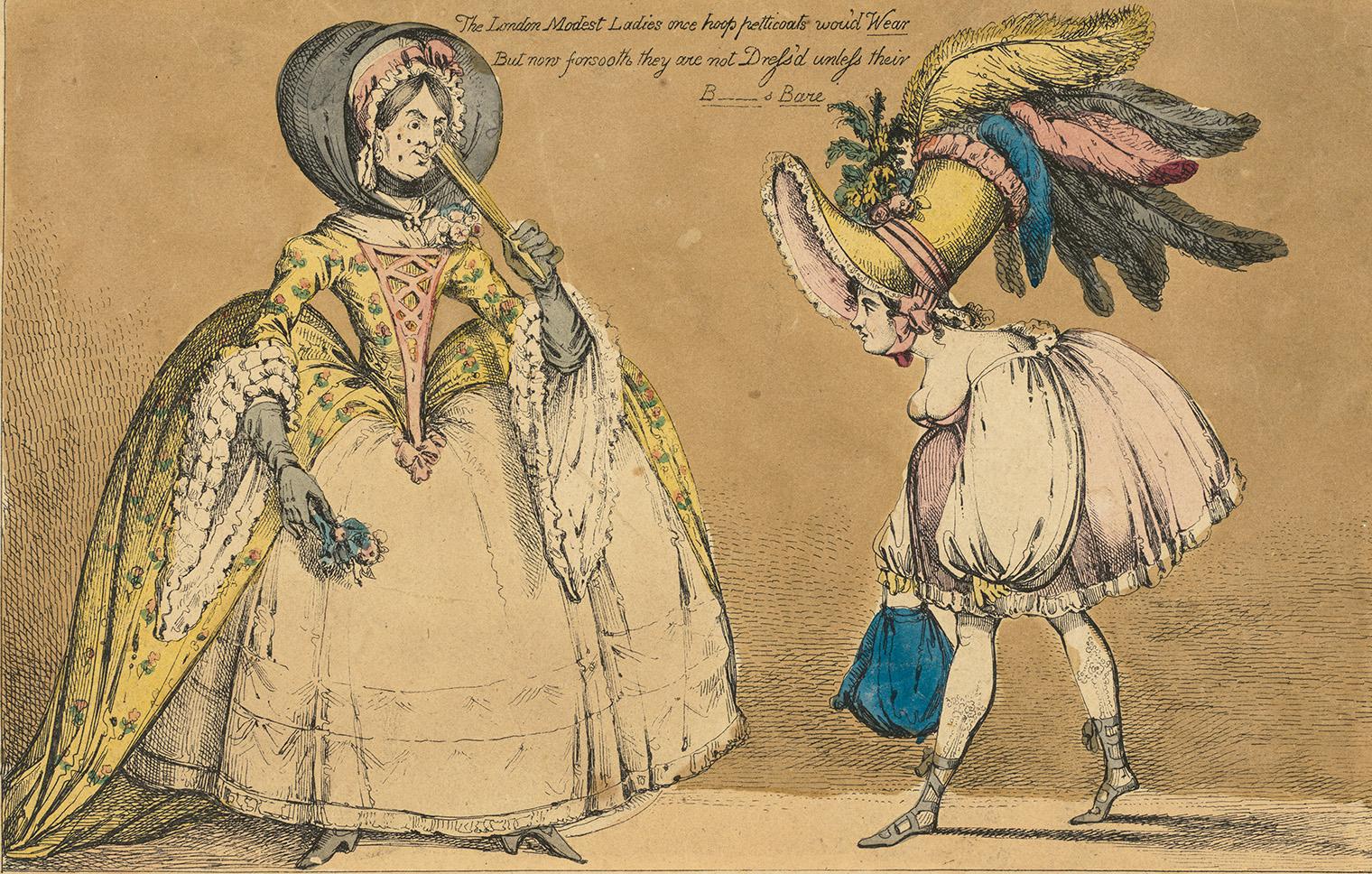 A Victorian-style cartoon showing two women in contrasting outfits. The left woman is in an elaborate, elegant dress with a large bonnet, while the right woman wears an exaggerated, whimsical dress and oversized hat with feathers,