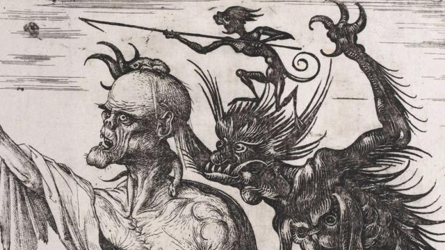 Skeletal figure of death holds an hourglass while one large and one small demon watch over his shoulder