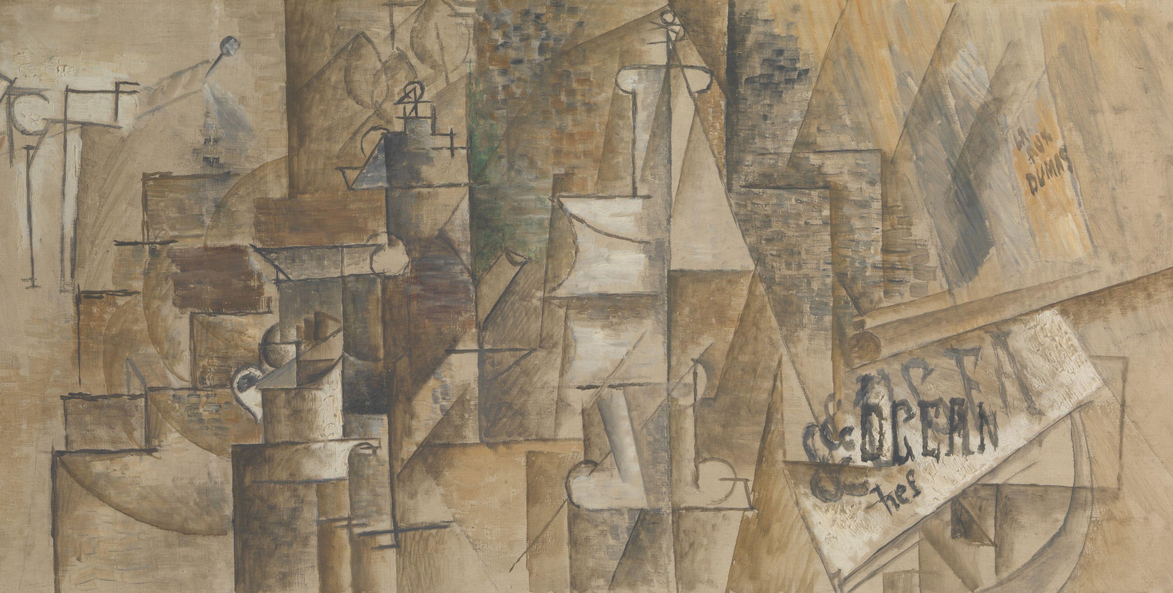 abstract cubist image with a lot of whites, browns, and greys and lines everywhere.