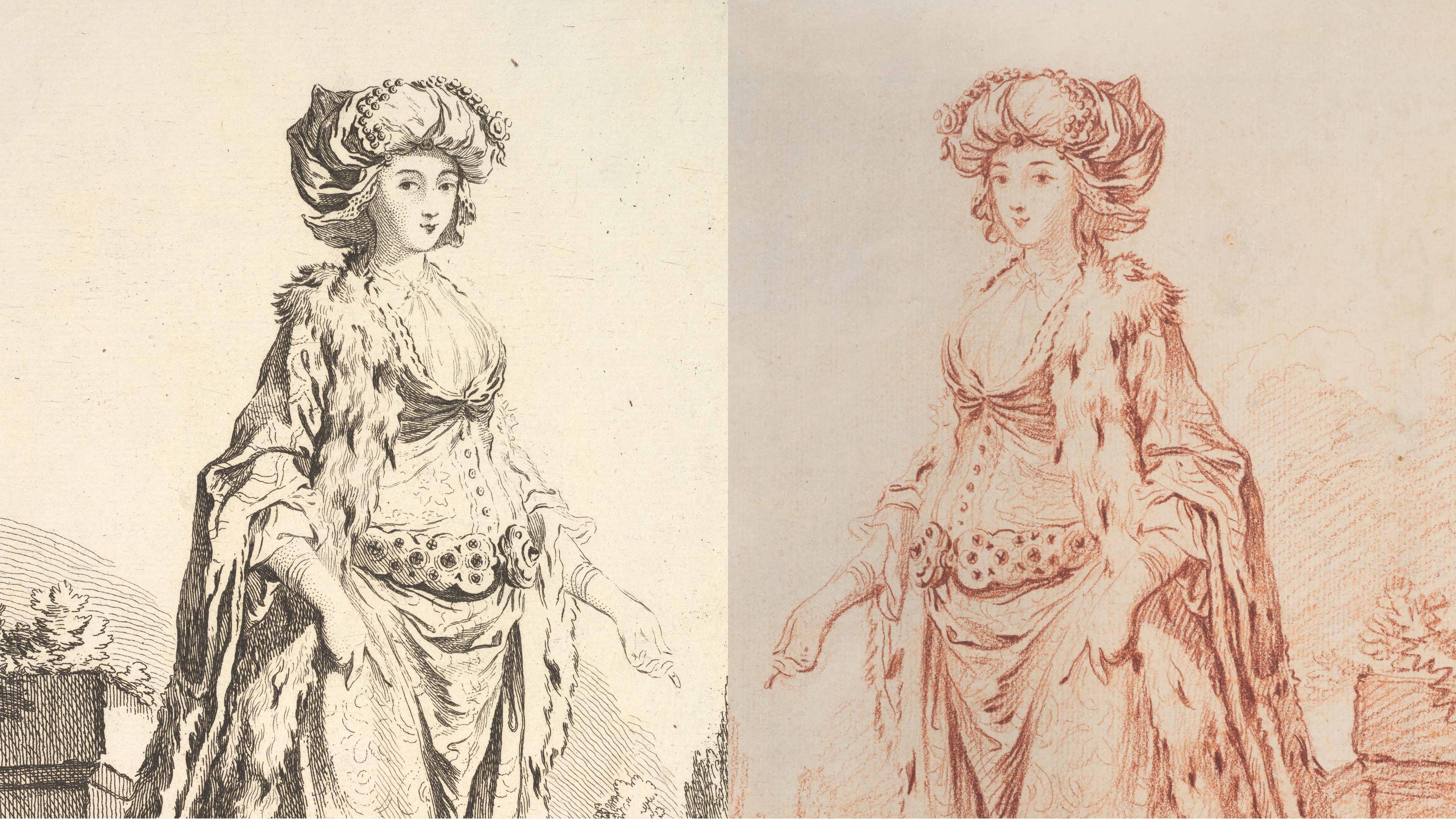 Composite image of two identical drawings of a woman with a large hat and her hands holding her billowing dress