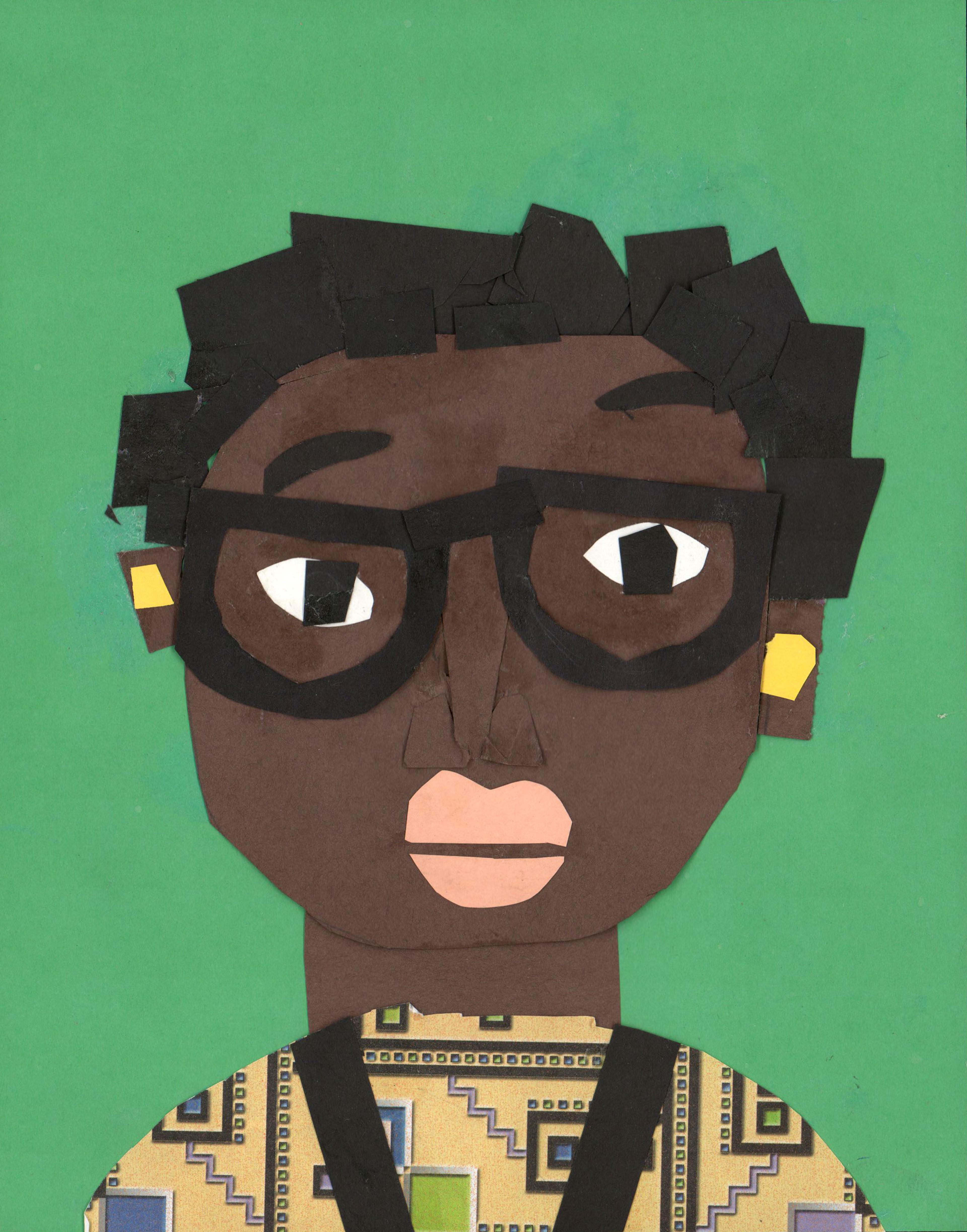 Collage self-portrait of a young Black boy facing the viewer. He has short black hair and wears thick framed black glasses, two black suspenders, and a yellow shirt decorated with Memphis-style patterns. He is presented in front of a green background, and has a bright yellow shape upon each ear.