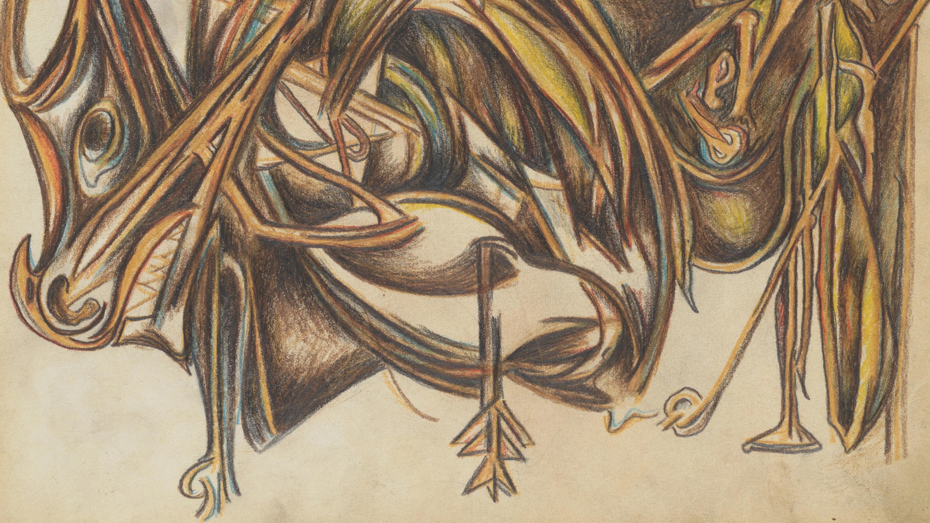 Abstract drawing of what looks like a bull rendered in dark brown, black, and yellow pencil.