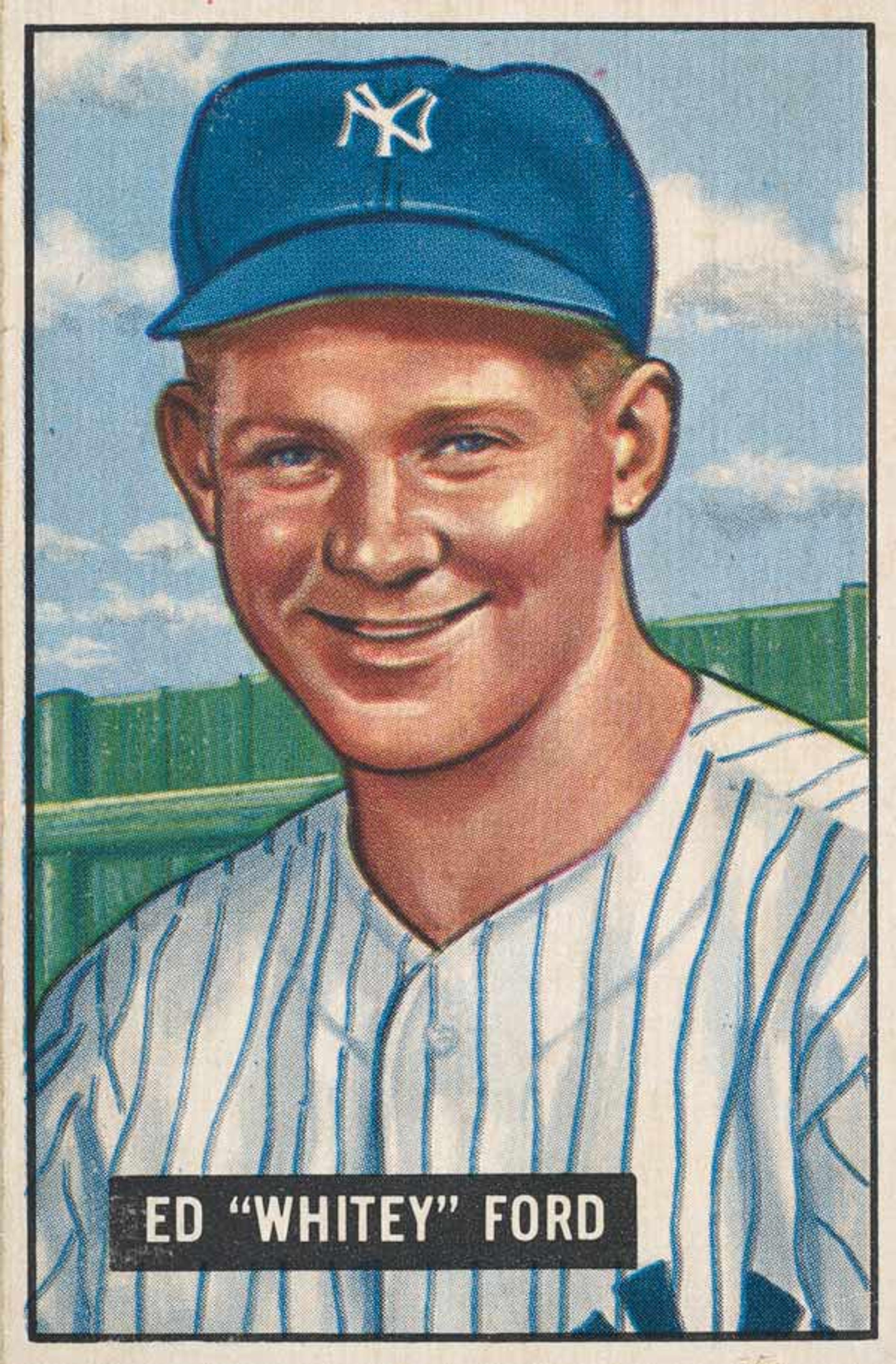 Issued by Bowman Gum Company. Ed "Whitey" Ford, Pitcher, New York Yankees, from Picture Cards, series 5 (R406-5), issued by Bowman Gum, 1951. Commercial color lithograph; Sheet: 3 1/8 x 2 1/16 in. (7.9 x 5.3 cm). The Metropolitan Museum of Art, New York, The Jefferson R. Burdick Collection, Gift of Jefferson R. Burdick (Burdick 327, R406-5.1)
