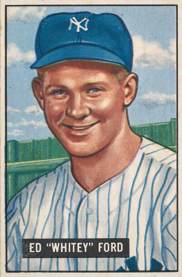 Issued by Bowman Gum Company. Ed "Whitey" Ford, Pitcher, New York Yankees, from Picture Cards, series 5 (R406-5), issued by Bowman Gum, 1951. Commercial color lithograph; Sheet: 3 1/8 x 2 1/16 in. (7.9 x 5.3 cm). The Metropolitan Museum of Art, New York, The Jefferson R. Burdick Collection, Gift of Jefferson R. Burdick (Burdick 327, R406-5.1)