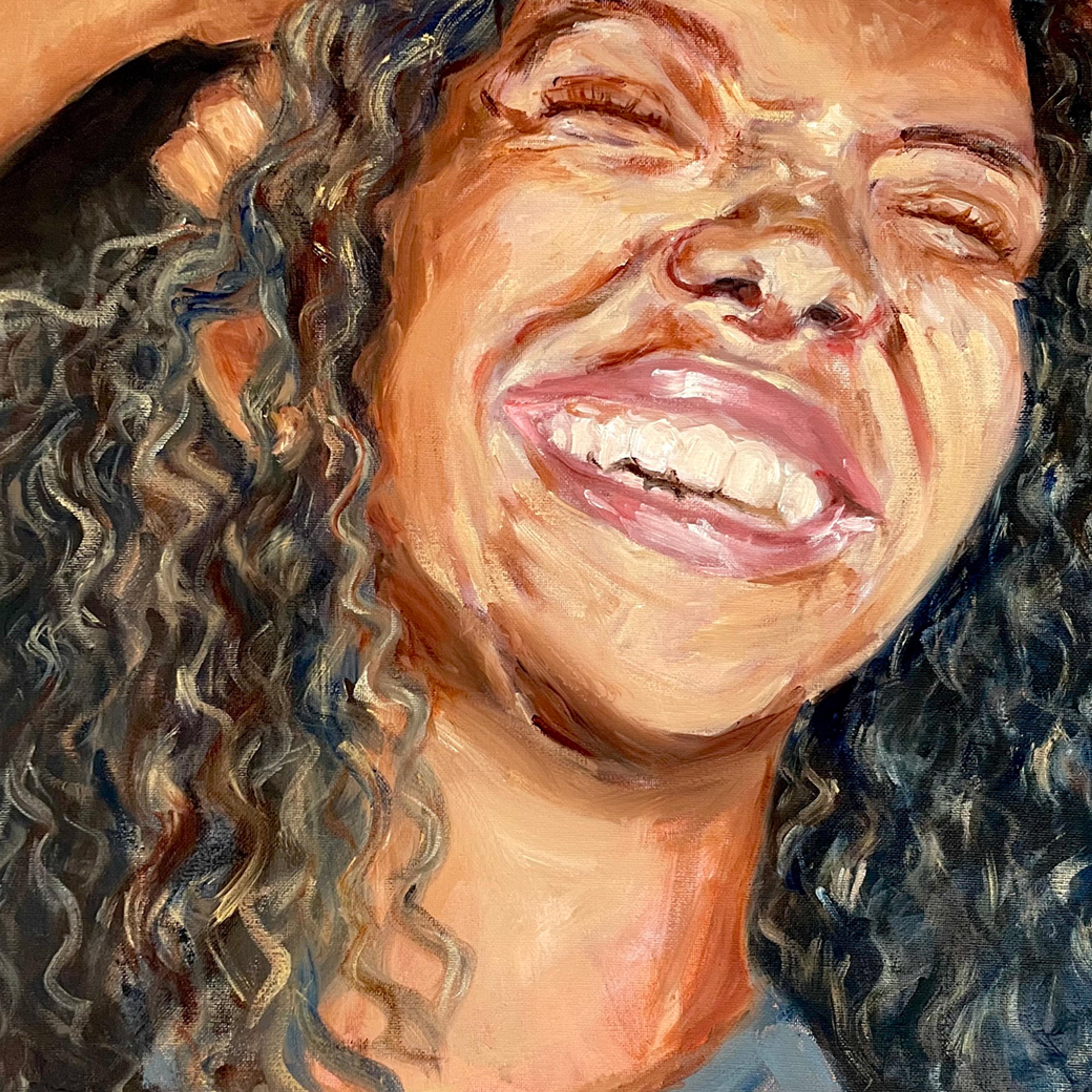 A close crop painting of woman with tan skin, dark curly hair, and closed eyes as she smiles with her teeth