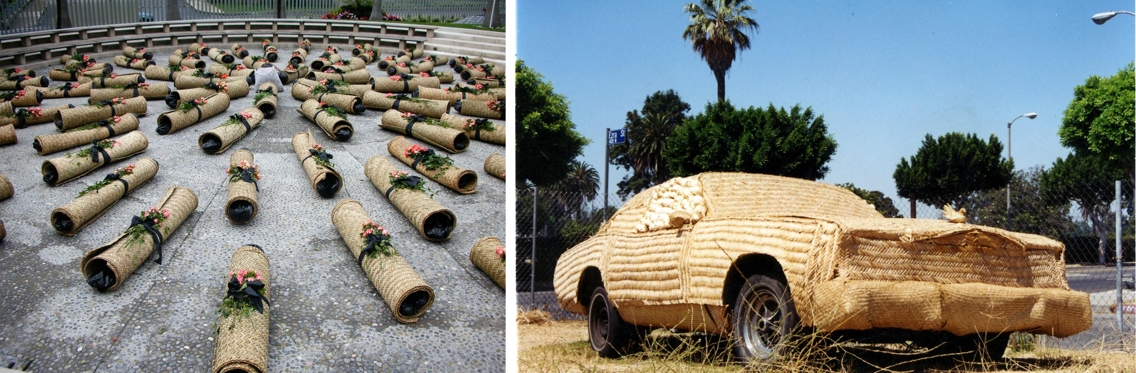 On the left, rolled up woven mats called petates, each tied together with a black cord and a bouquet of flowers. The petates are arranged in circles expanding outwards. On the right, a Cadillac completely covered in petates with a palm tree in the background.