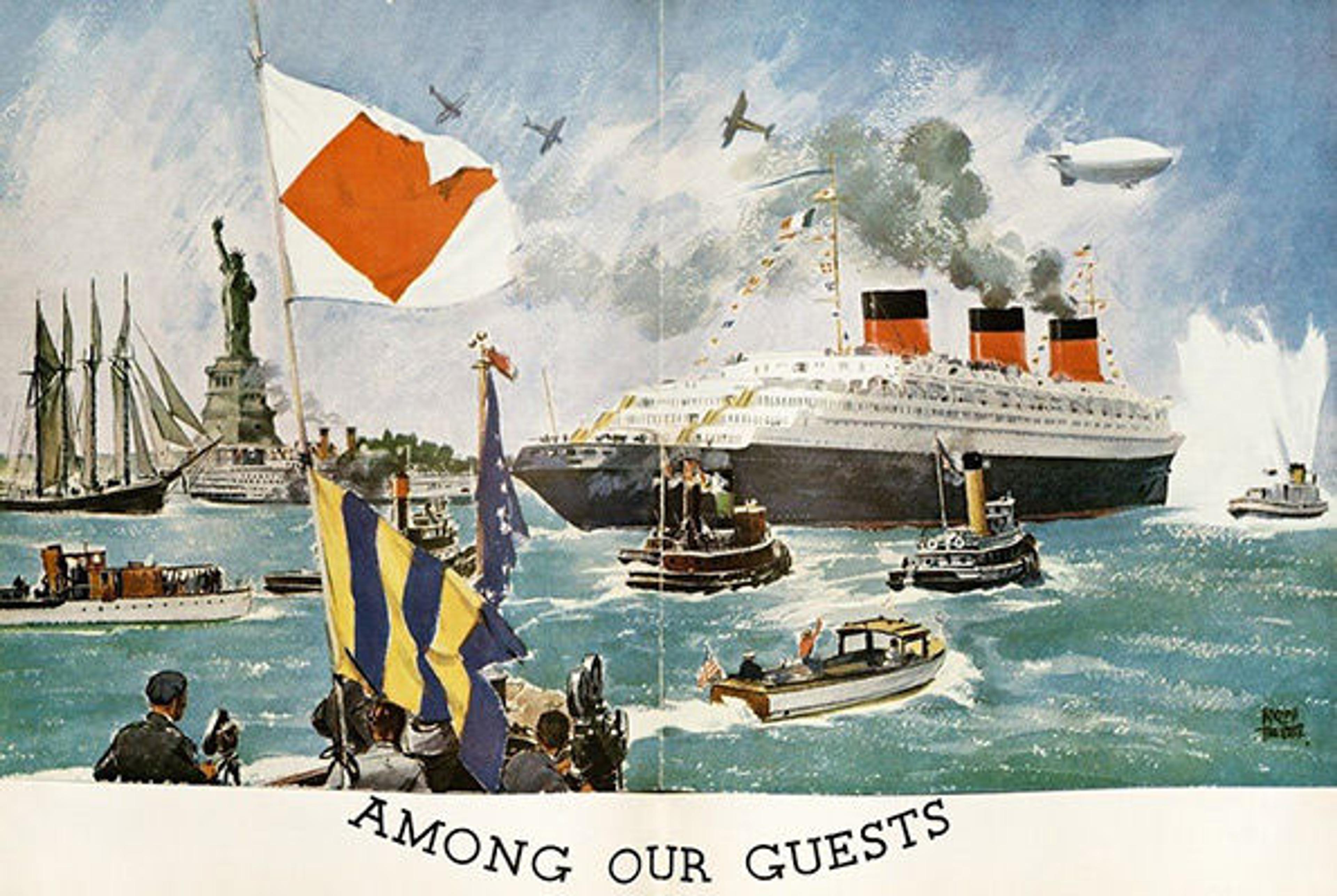 The Normandie making its way to the New York City harbor, from the brochure of the Normandie's maiden voyage, Gangplank (1935)]