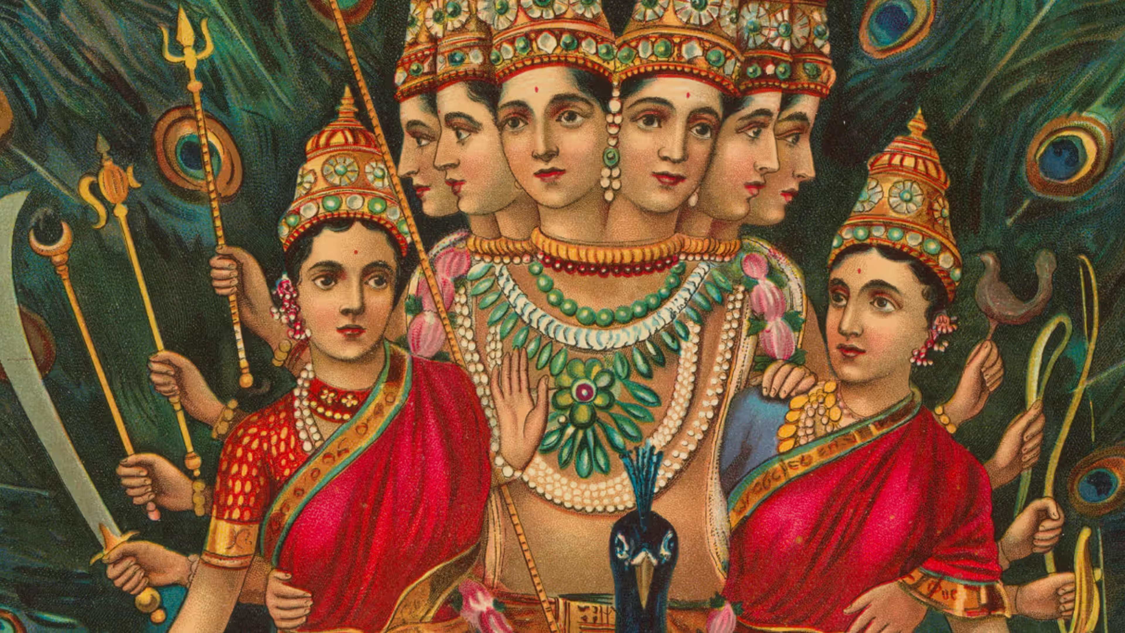 Subramaniyan with his consorts Valli and Devasena (detail), Ravi Varma Press, c. 1900–1915, Color lithograph, varnish. The Metropolitan Museum of Art, New York, Purchase, Friends of Asian Art, 2021